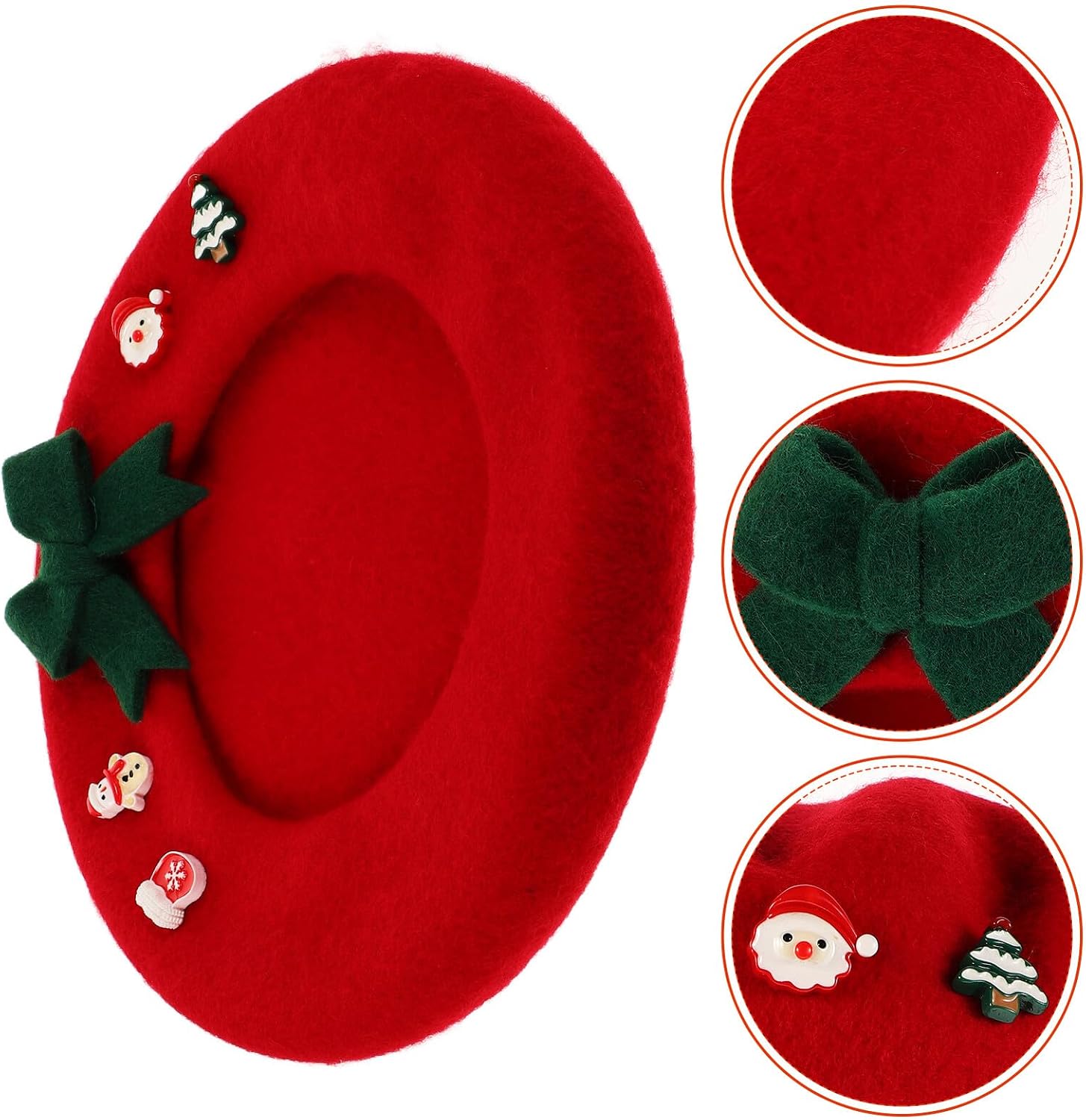 Christmas Beret Hat for Women, Wool Blend Red Painter Style Cap with Bowknot, Plush Warm Winter Holiday Accessory