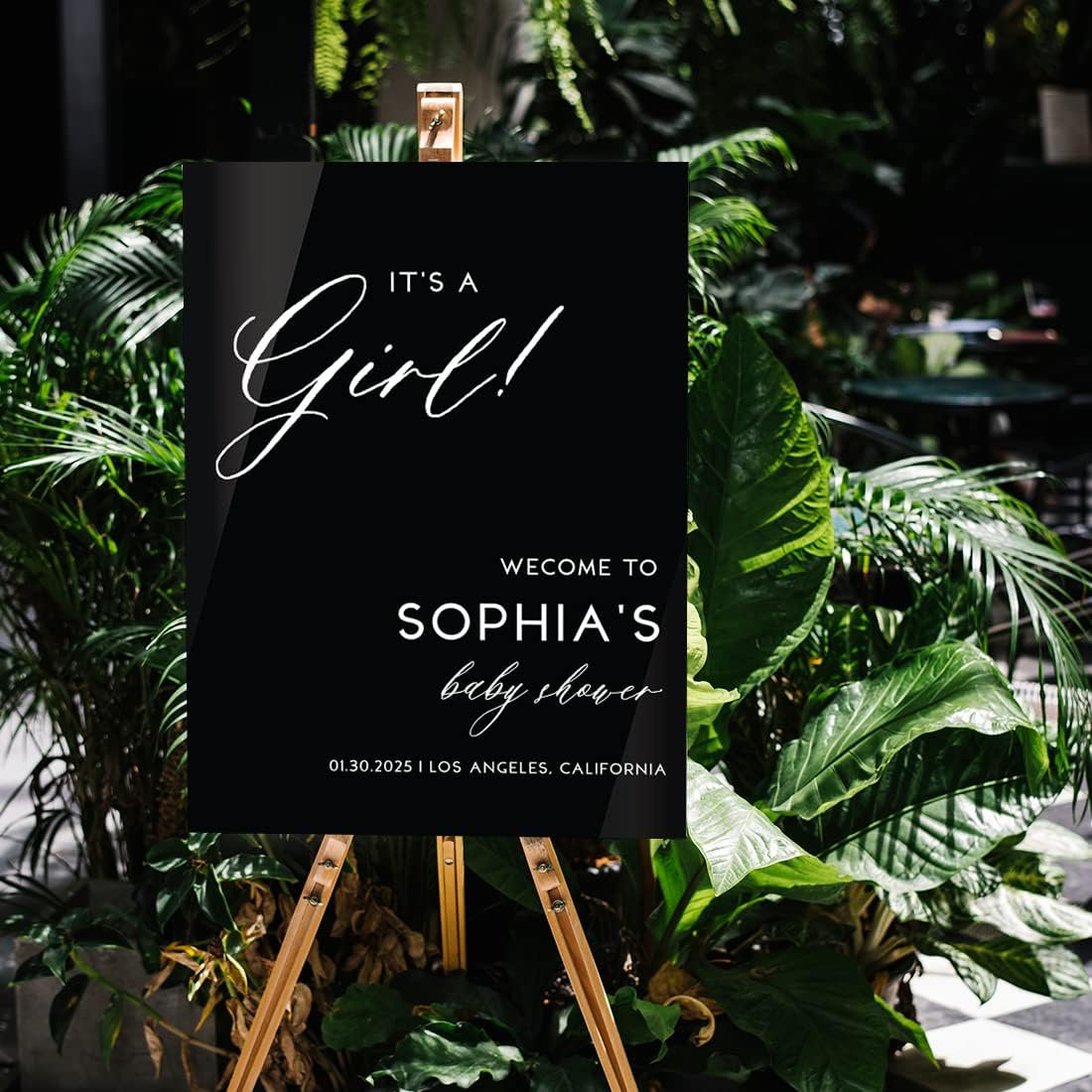 Andaz Press 16"x20" Black Acrylic Personalized Baby Shower Welcome Sign, Gender Neutral Large Custom Sign for Easel Stand, It's A Girl Baby Shower Decorations