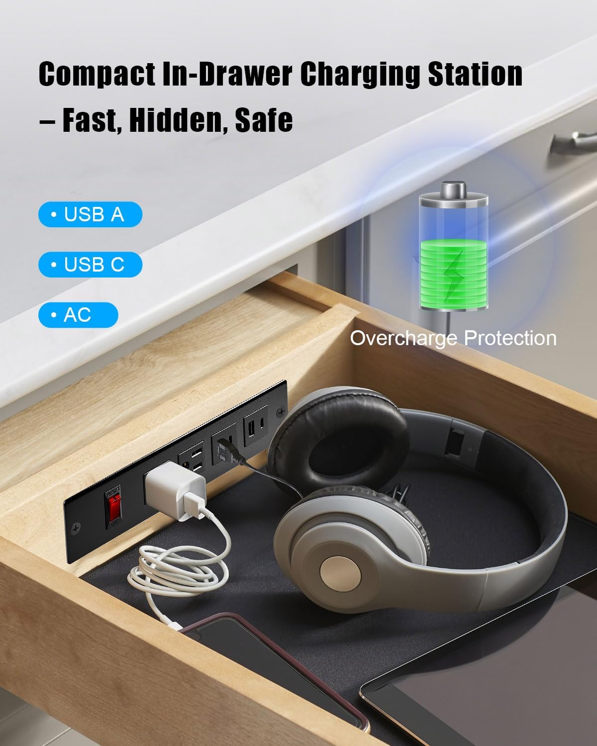 Compact in-Drawer Charging Station Power Strip with PD 20W USB Ports*2 AC Outlets*2 15A TR USB QC Ports*2 6.56FT Power Cord, Aluminum Cable Arm for Bathroom, Kitchen, Bedroom, Office Cabinets