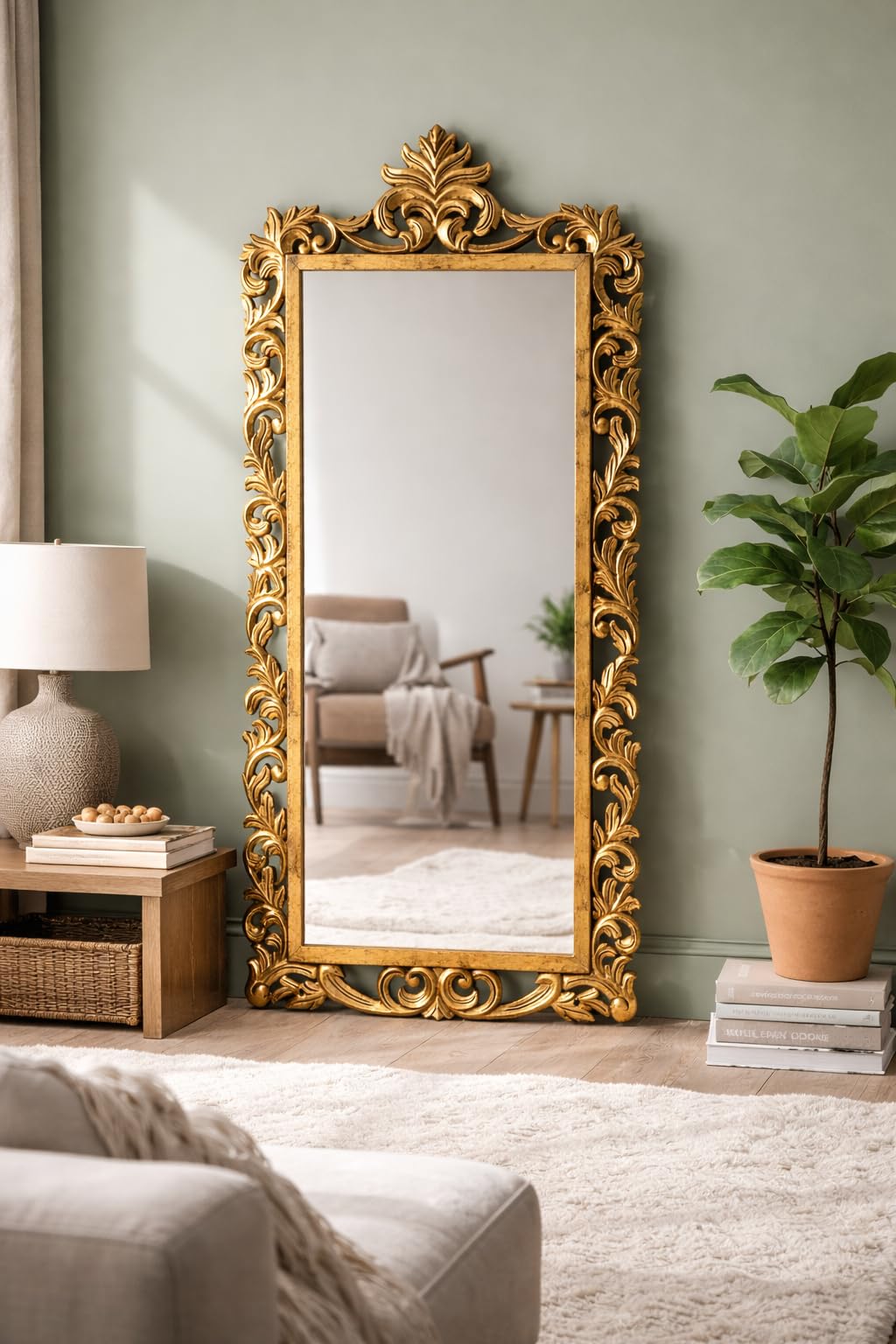 Ornate Baroque Wall Mirror, Wooden Frame with Carved Floral Scrollwork Design, Full Length Decorative Mirror || 48x24 Inches || Without Mirror || (Antique Gold)-image-25