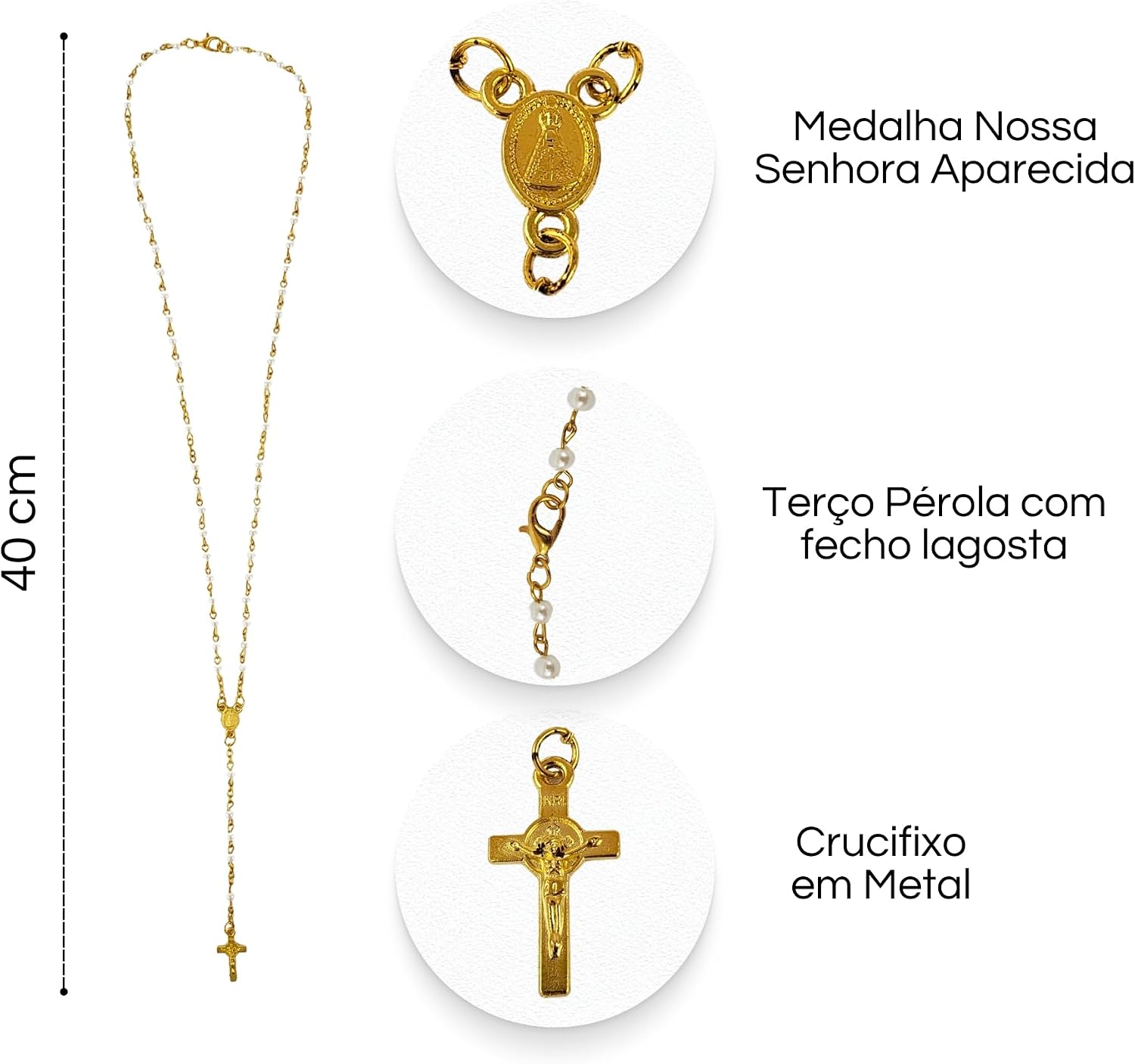 Kit 12 Lembrancinhas Garrafinhas de Vidro com Terço de Nossa Senhora Aparecida (Dourado e Pérola)