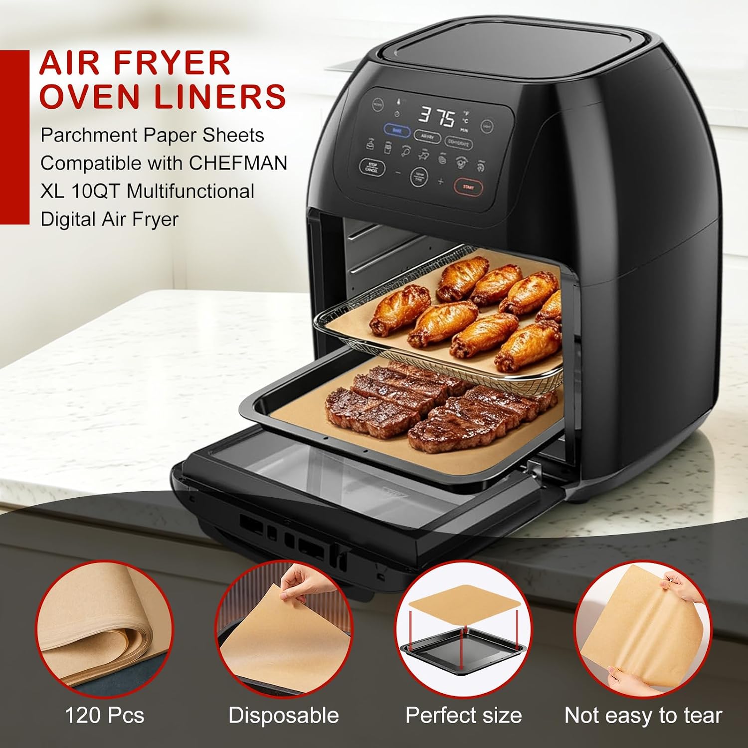 120Pcs Air Fryer Parchment Paper Liners Compatible with Chefman XL 10QT Multifunctional Digital Air Fryer, Disposable Nonstick Airfryer Paper Sheets Oven Tray Liner for Chefman Oven Accessories