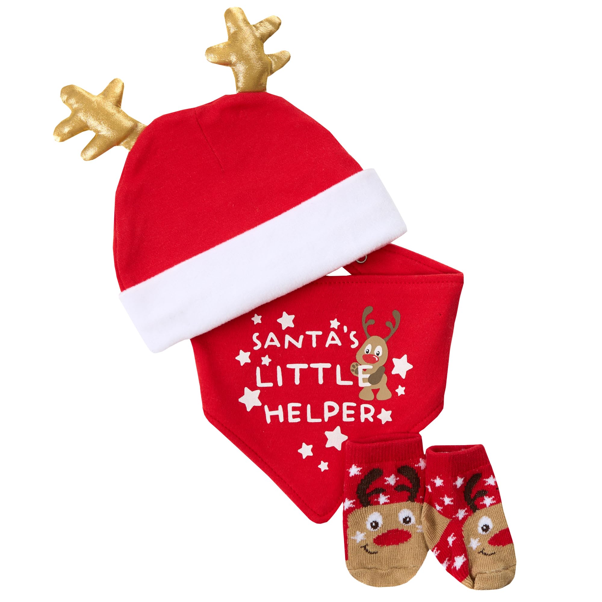 Metzuyan WS-AW23 Baby Girls Boys Unisex Christmas 3 Pieces Gift Set Hat Bib and Socks Matching Xmas Accessories Reindeer 0-6 Months