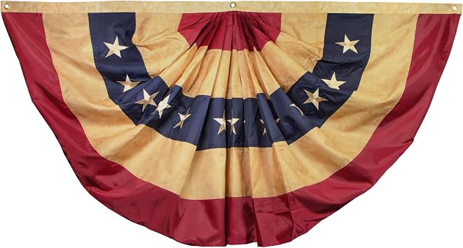 ANLEY Vintage Style Tea Stained US National Pleated Fan Flag 1.5x3 Foot - Embroidered Stars and Sewn Stripes - 4 Rows of Lock Stitching - Antiqued Pleated Fan Flags with Brass Grommets 1.5 X 3 Ft