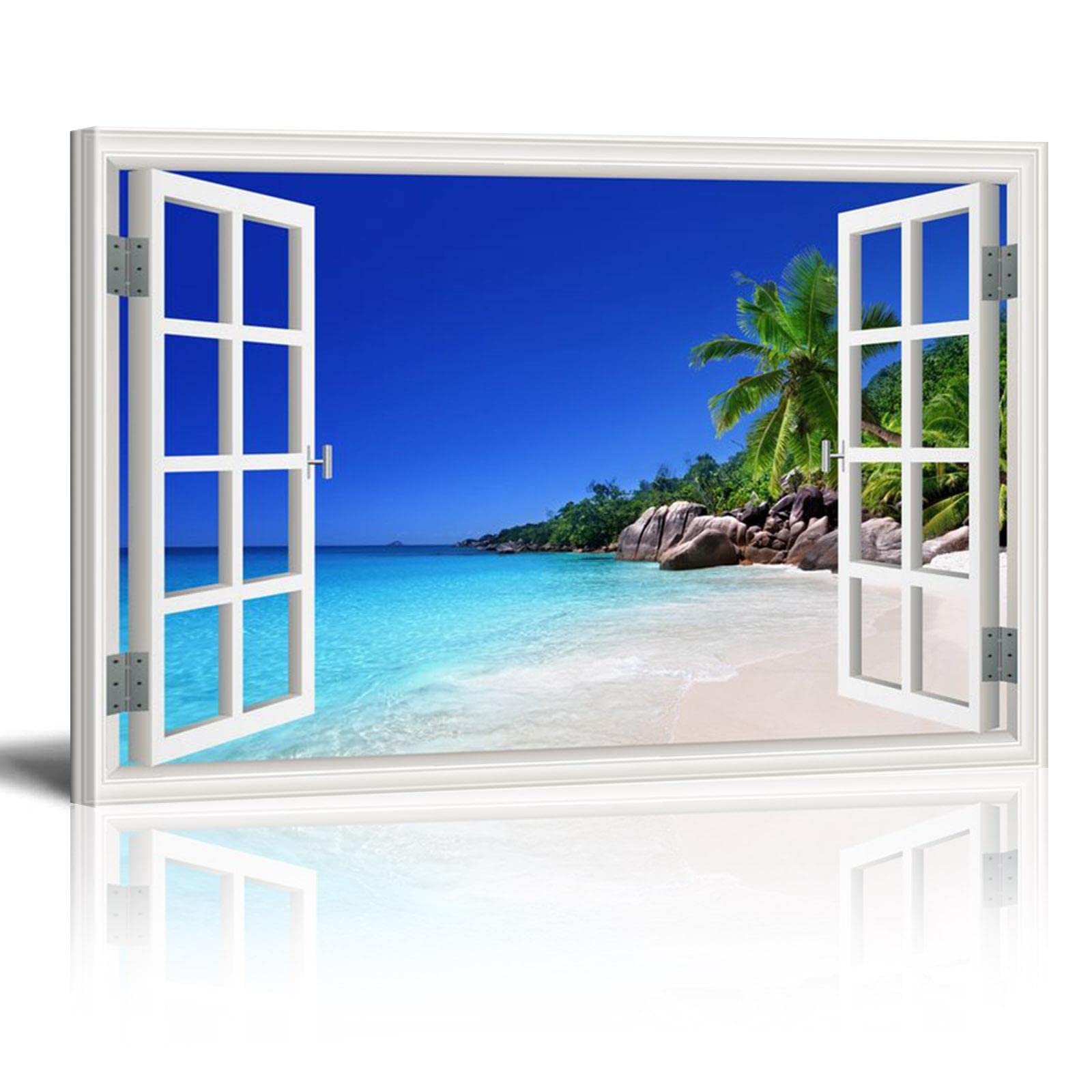 HOLEILUCK Canvas Print Wall Art Window View White Beach with Blue Sea and Palm Tree Open Window Mural 80x60cm/32x24in With Frame — image 1