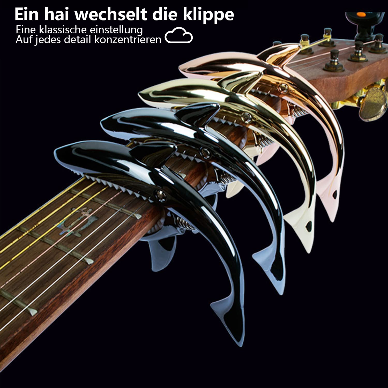 GERUI Capodastre requin en alliage de zinc pour guitares acoustiques et électriques, ukulélé 6 + 12 cordes avec une bonne prise en main, sans fret buzz et durable, design requin (noir)