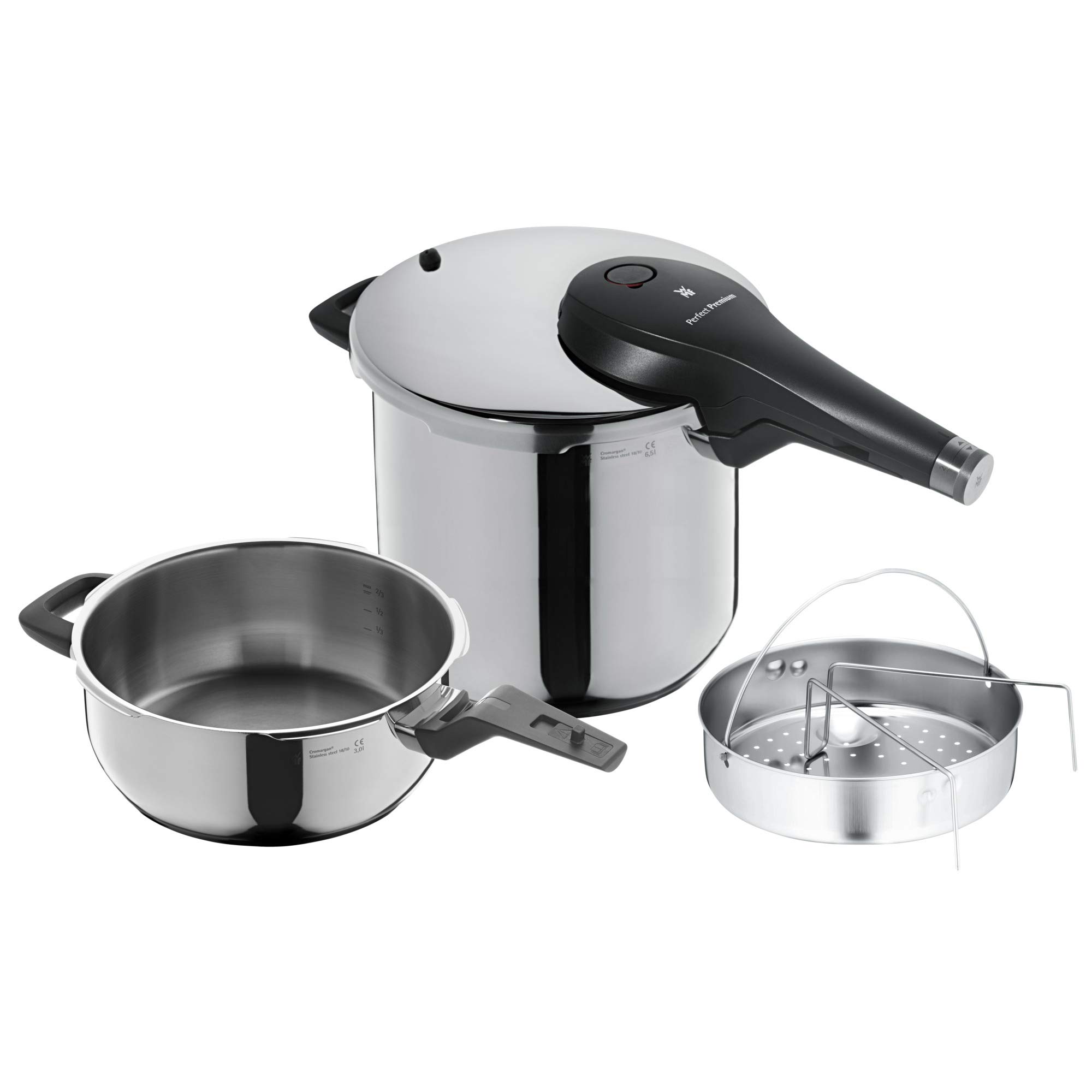 WMF Perfect Premium Lot de 3 cocottes à Induction 6,5 l + 3 l avec kit d'insertion, Acier Inoxydable Cromargan, 2 Niveaux de Cui