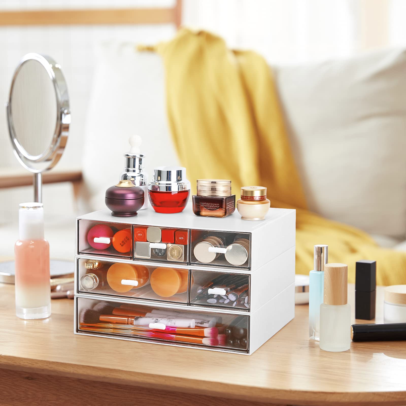 LETURE Stackable Desk Organizer, Plastic Storage Drawer for Office School Home Makeup, Pen Pencils Markers Stationery Supplies Organizers (White -6 Draws)