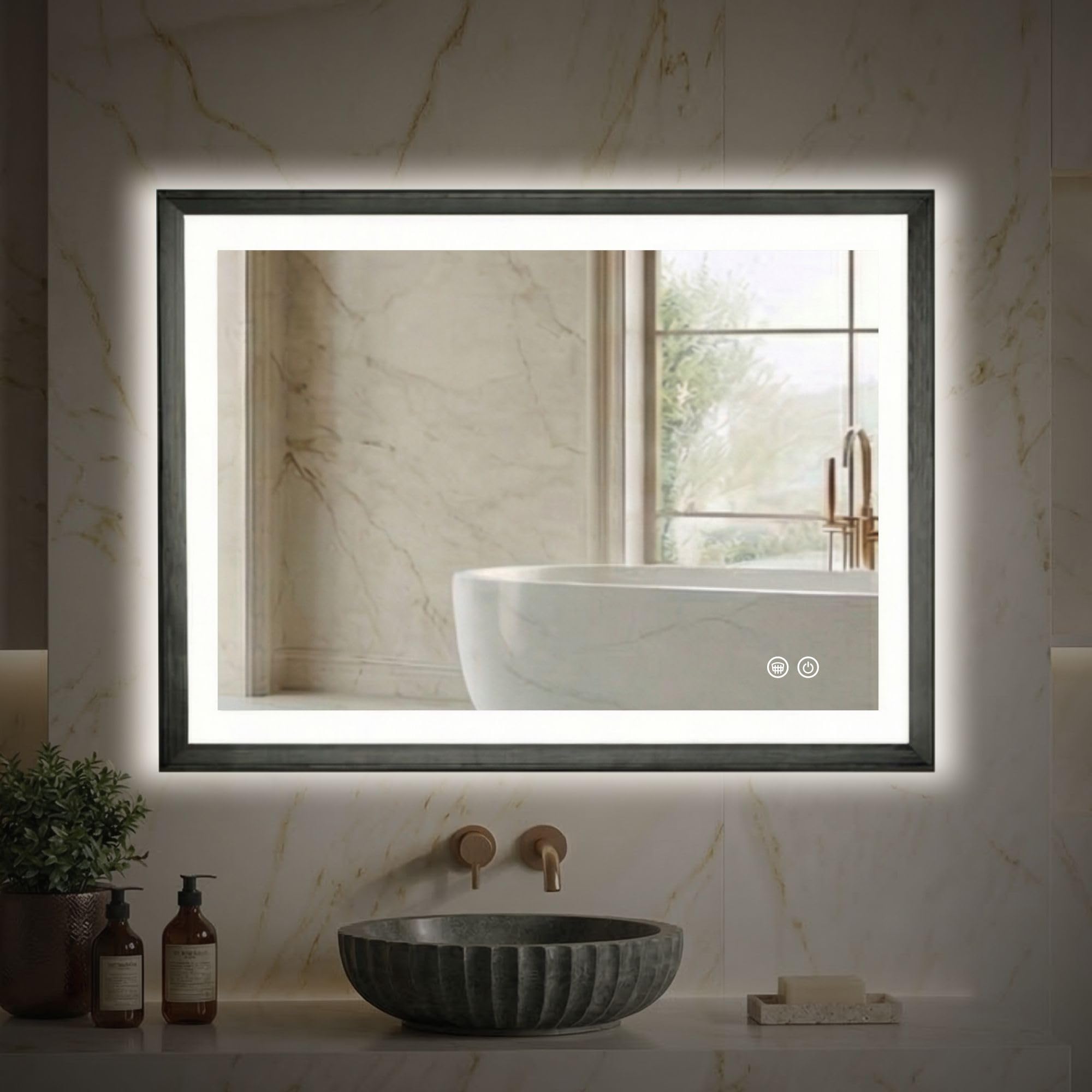 Photo 1 of HOUSE REFLECTION 40" x 30" LED Bathroom Mirror – Front and Backlit, Anti Fog, Tempered Glass, 3 Color Options, Dimmable Brightness, Black Framed Vanity Mirror for Bathroom Wall