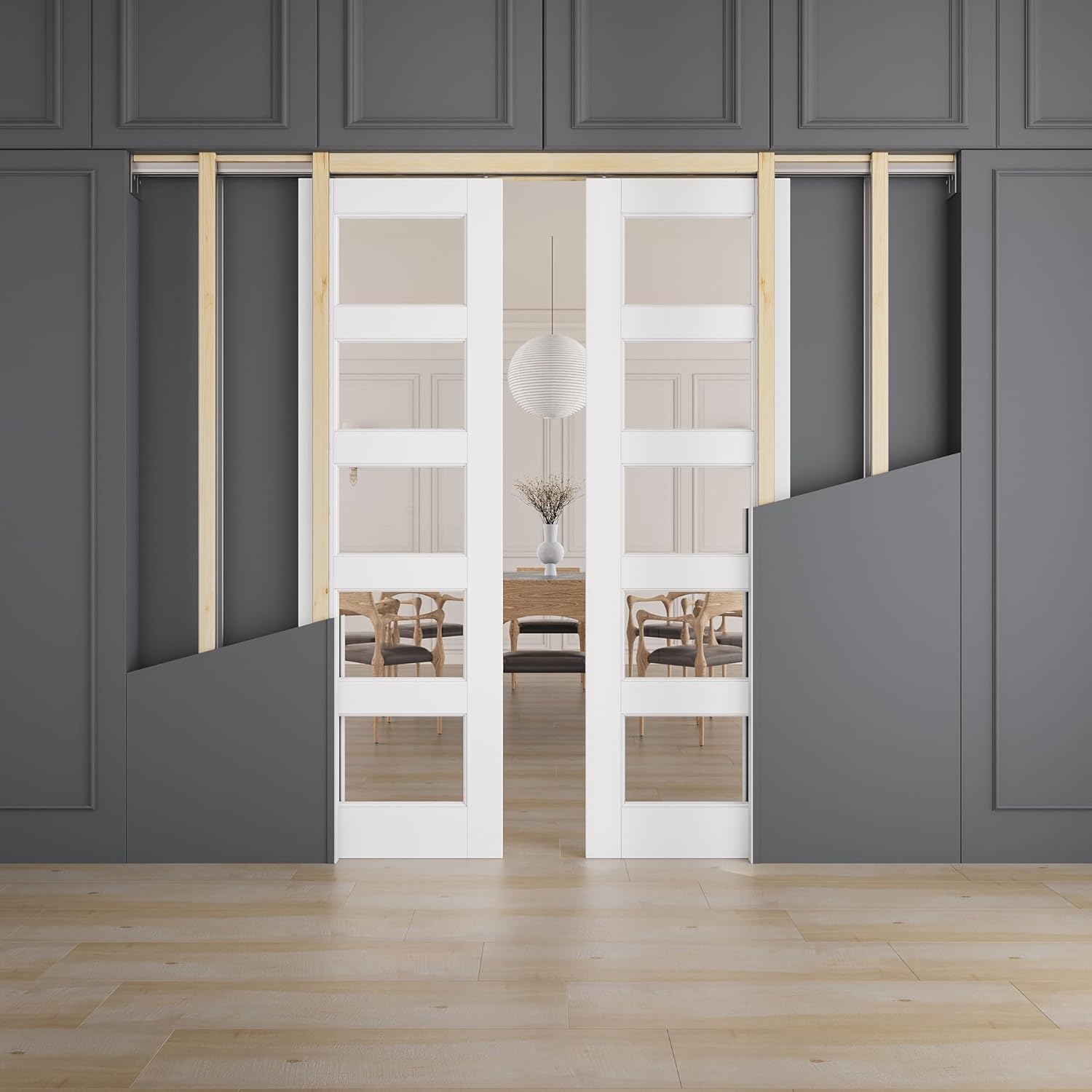 All-Inclusive Soft-Close Sliding Pocket Door 48" x 80" (Double 24" x 80") 5-Lite Clear Glass Sliding Doors with Frame & Hardware Kit, Pocket Interior Doors for Home, White Primed