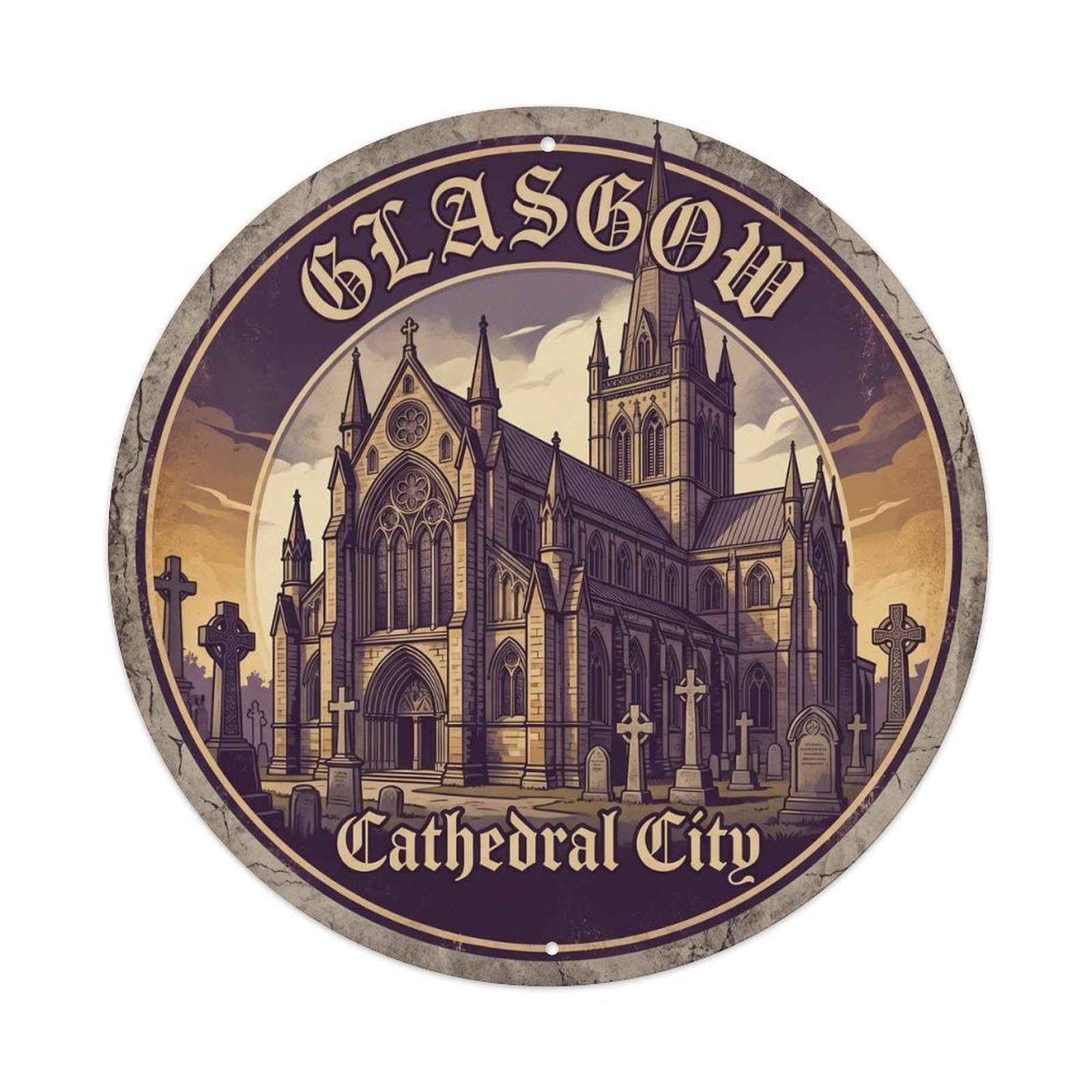 Glasgow Cathedral Scotland Classic Cartography Travel Landmark Metal Tin Sign Plaque Wall Decor for Cafe, Man Cave, Club Bar, Office, Home Garden Round Metal Poster 8x8Inch