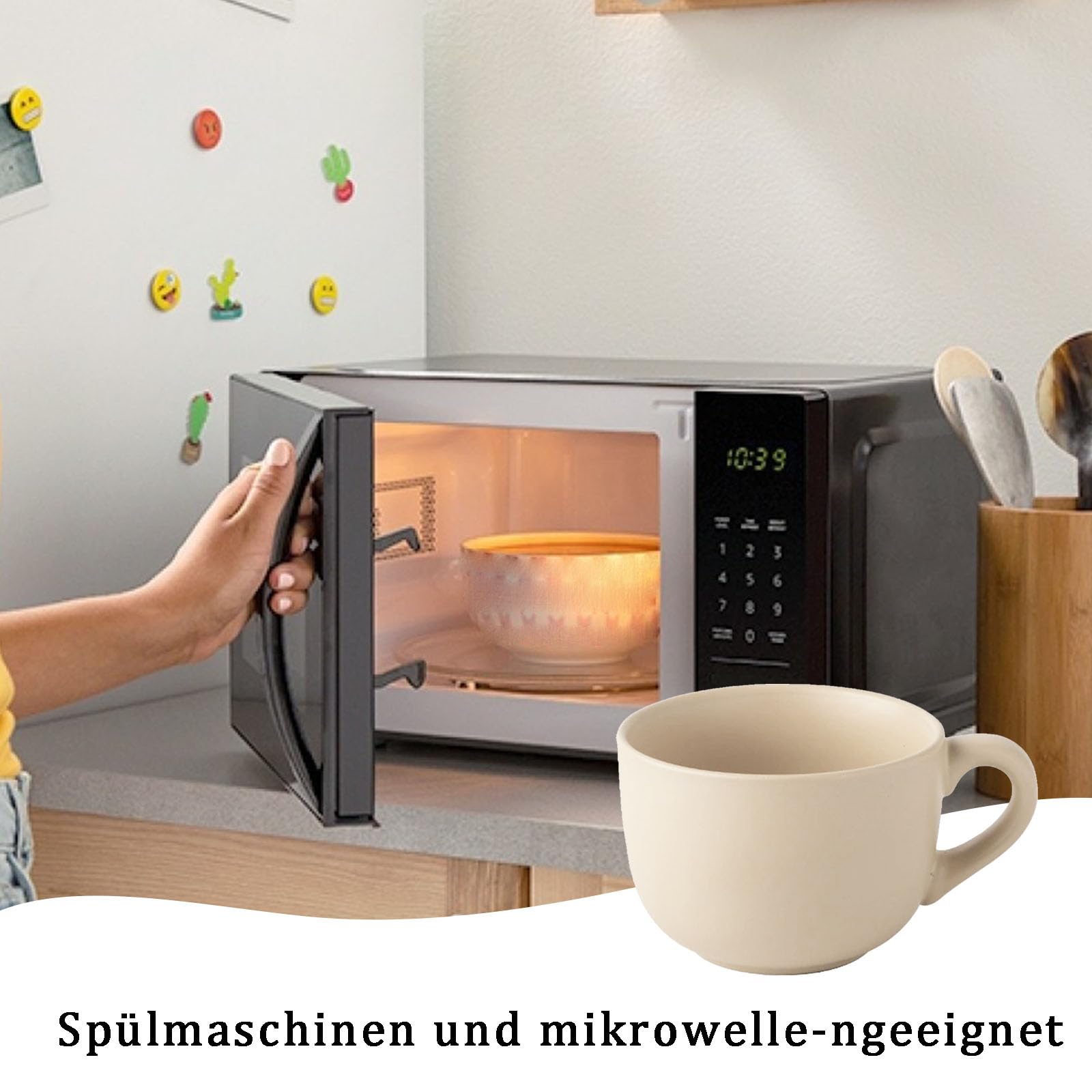 Groß Tasse Müslischalen mit Henke, 800ml Kaffeetass Groß Keramik, Kaffeetass großs Keramik mit Löffee, Suppenschüssel mit Henkel, für Milch, Müsli, Obst, Eiscreme, Hellgelb