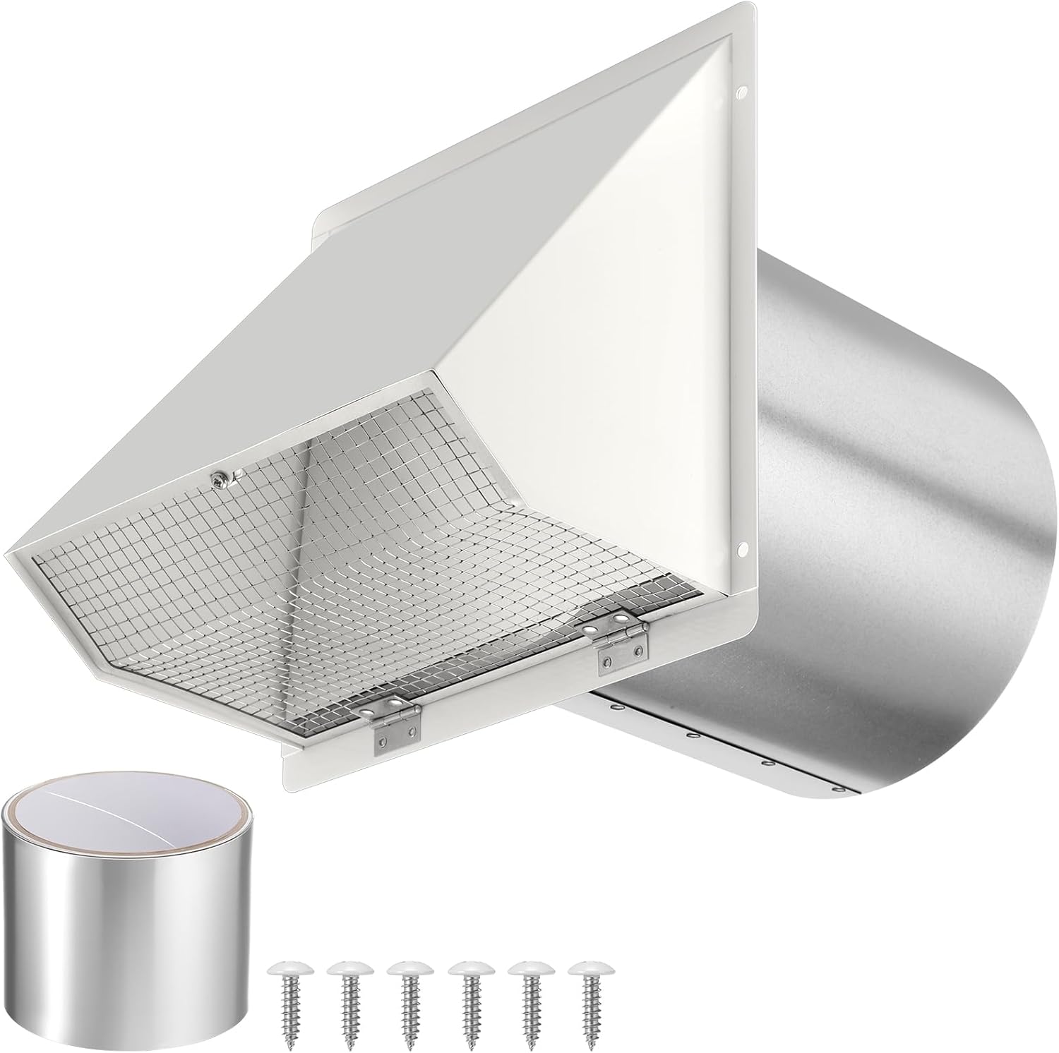 Shimeyao 6 Inch Wall Vent Cover - Hooded Dryer Vent Cover Outside with Damper and Screen White Wall Cap for Exterior Kitchen Range Hood Ventilation Dryer HVAC Duct Air Exhaust