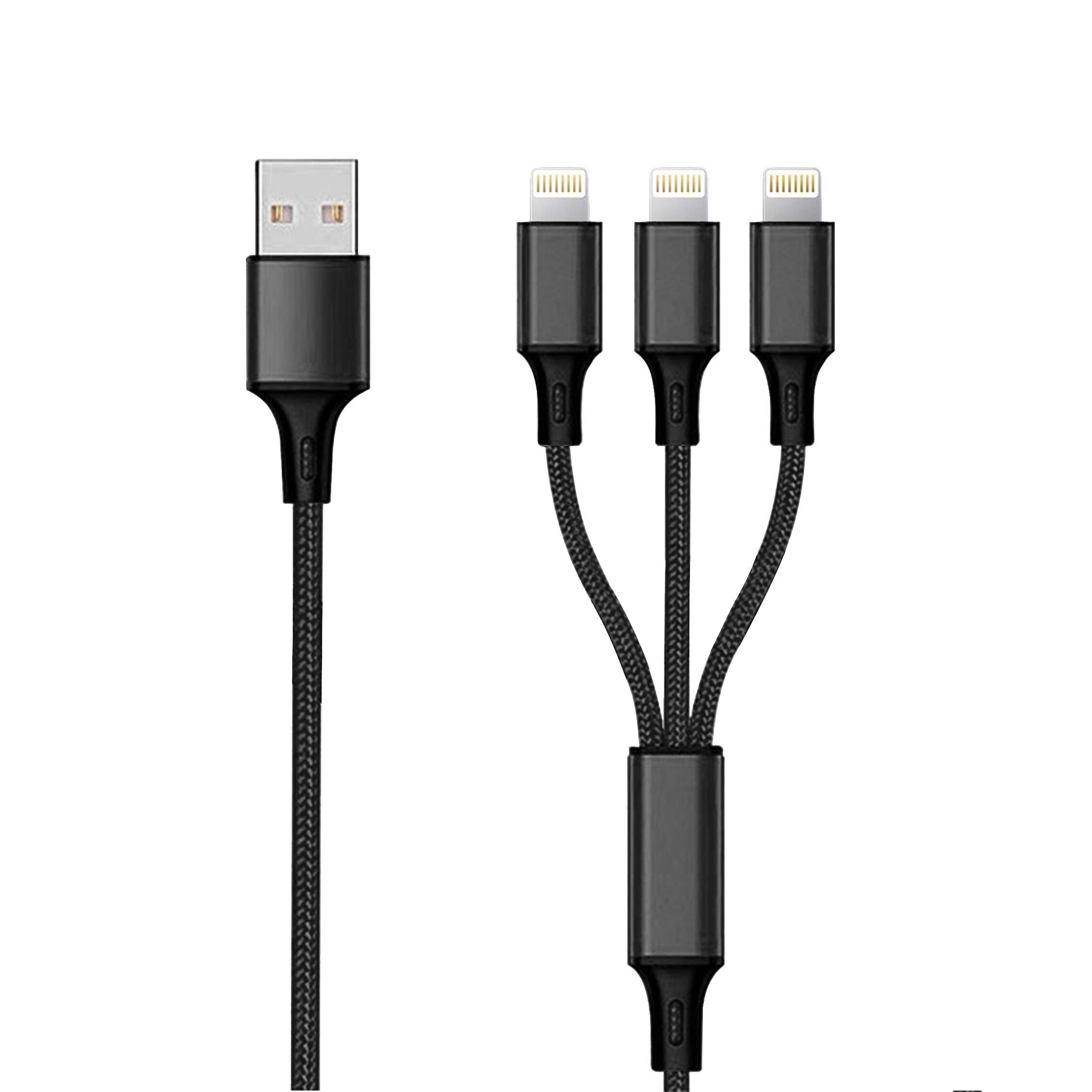 2GO 3-in-1 Charging Cable 3 x Apple Lightning to USB 3 Devices Charging Simultaneously, Nylon Coating, Aluminium Plug, 150 cm, Black
