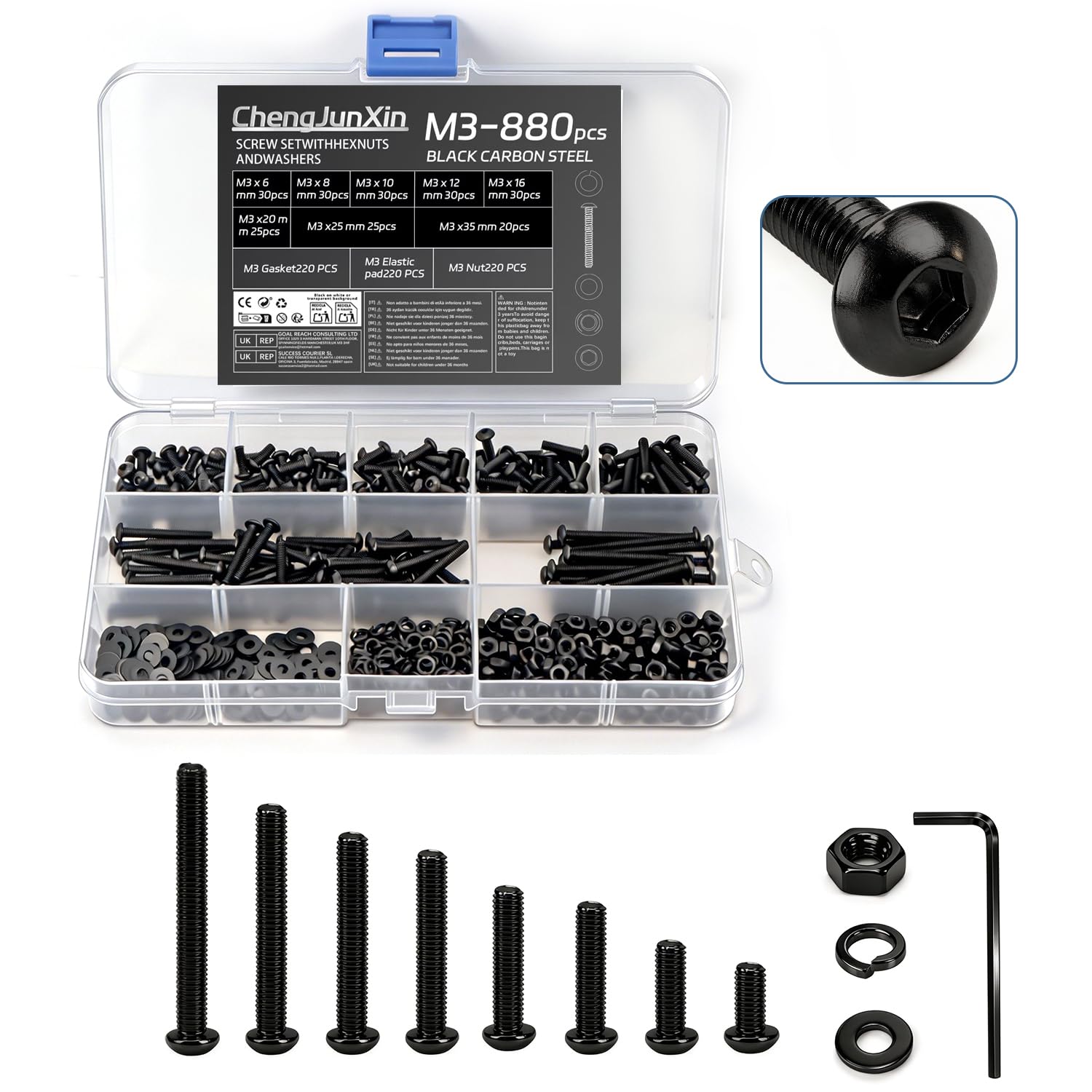 ChengJunXin 880Pcs M3 Bolts and Nuts Set - Black Carbon Steel, Hex Socket Button Head Cap Screws with Flat & Lock Washers, Assorted Sizes for Home, Office, Garage, DIY
