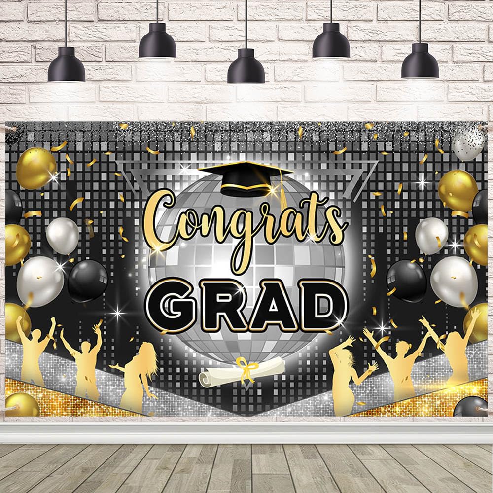 AIBIIN 7x5ft 2025 Congrats Grad Backdrop Black and Gold Glitter Disco Graduation Banner Class of 2025 Congratulations Graduation Party Decor