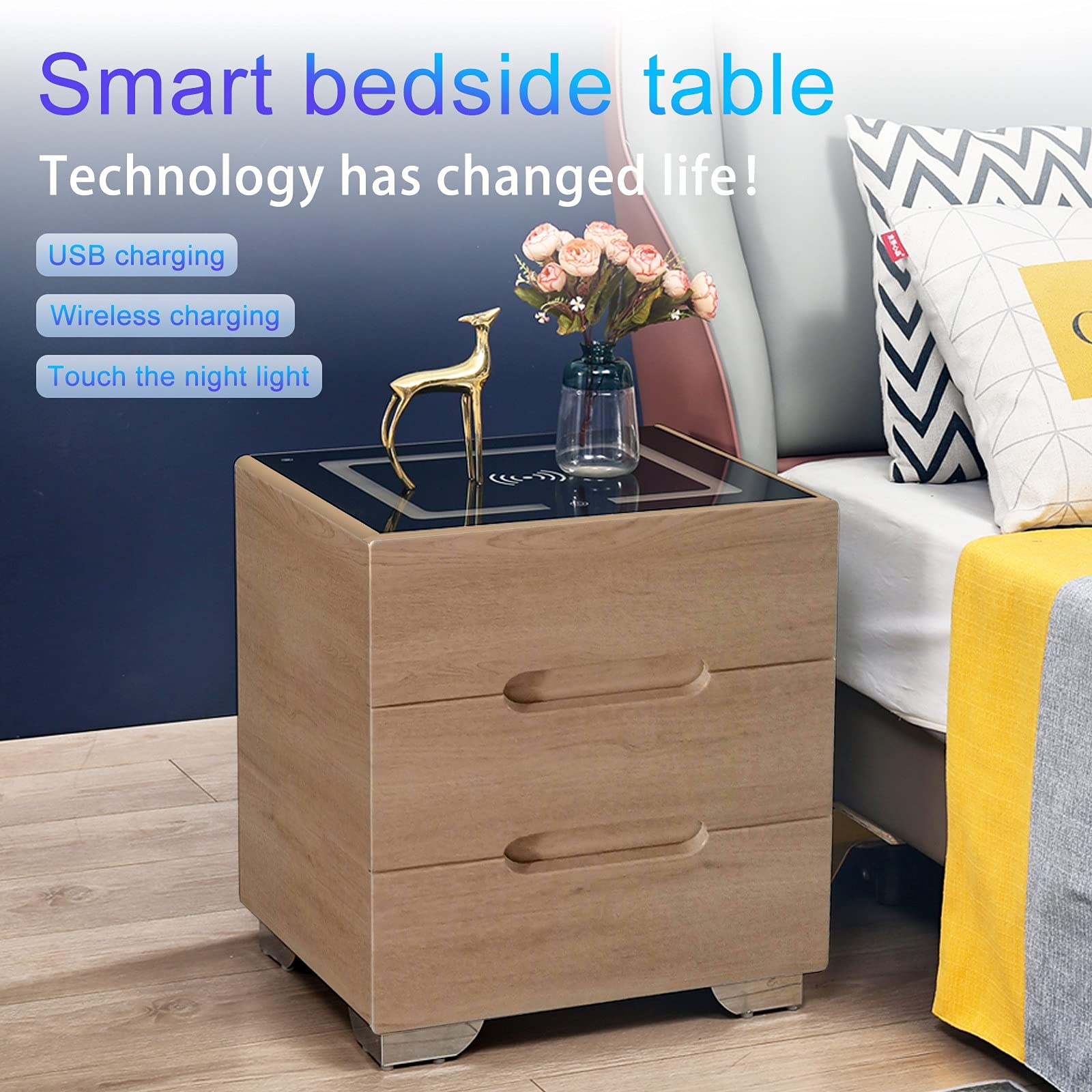 MXXJJ Smart Side Nightstand Table with Wireless Charging & LCD Light