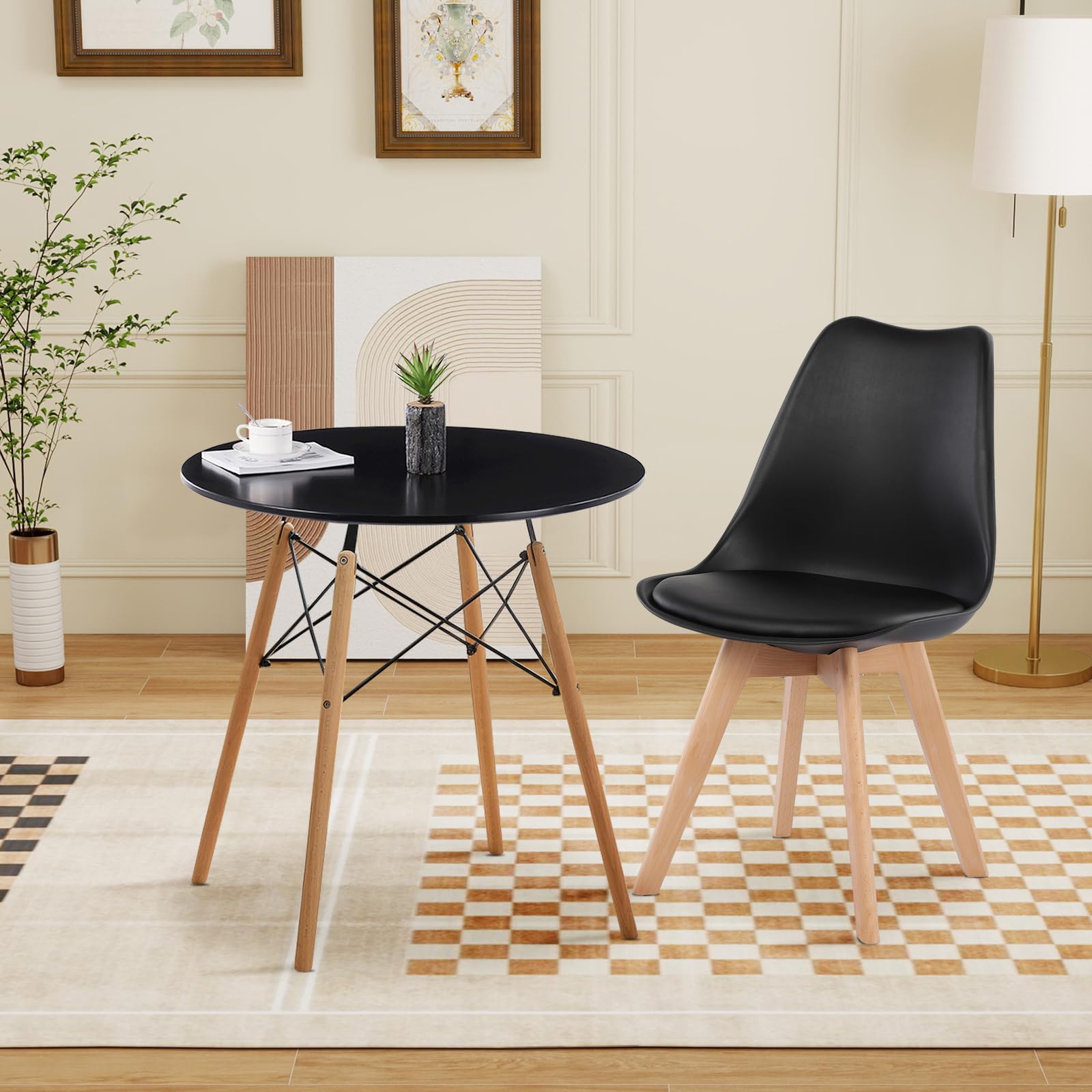 H.J WeDoo Tisch und Stühle Set, Essgruppe Schwarz Tisch mit 2 Schwarzer Stühlen für Esszimmer Küche Wohnzimmer | Essgruppen Runder Tisch 80 cm, Moderner Design, Massivholzbeine, für Balkon Küche Wohnzimmer Büro, Schwarzer Stühle