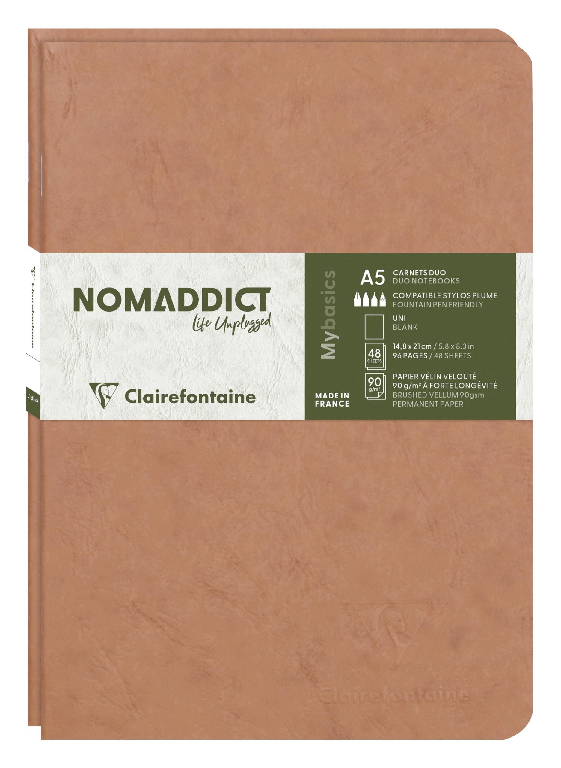 Clairefontaine 733186C Collection Age Bag Set of 2 Tobacco Duo Stapled Notebooks - A5 15.8x21cm - 96 Plain White Pages - 90gsm Paper - Leather Grain Card Cover
