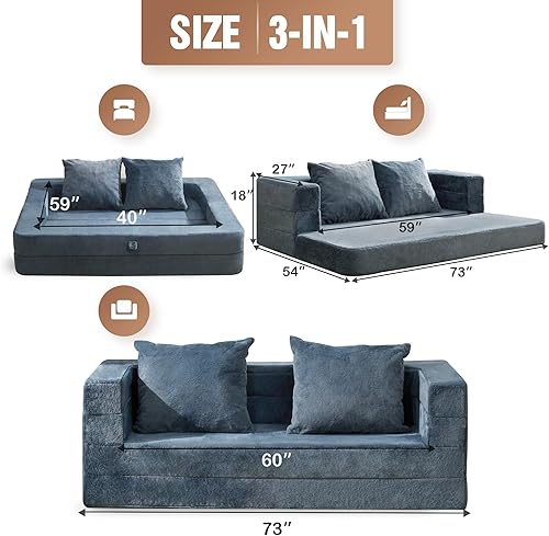 Miniatura 2 de Cansunna Puf plegable 3 en 1, cama de piel sintética, sofá grande de espuma, puf convertible, cama para perro con dos almohadas para adultos,