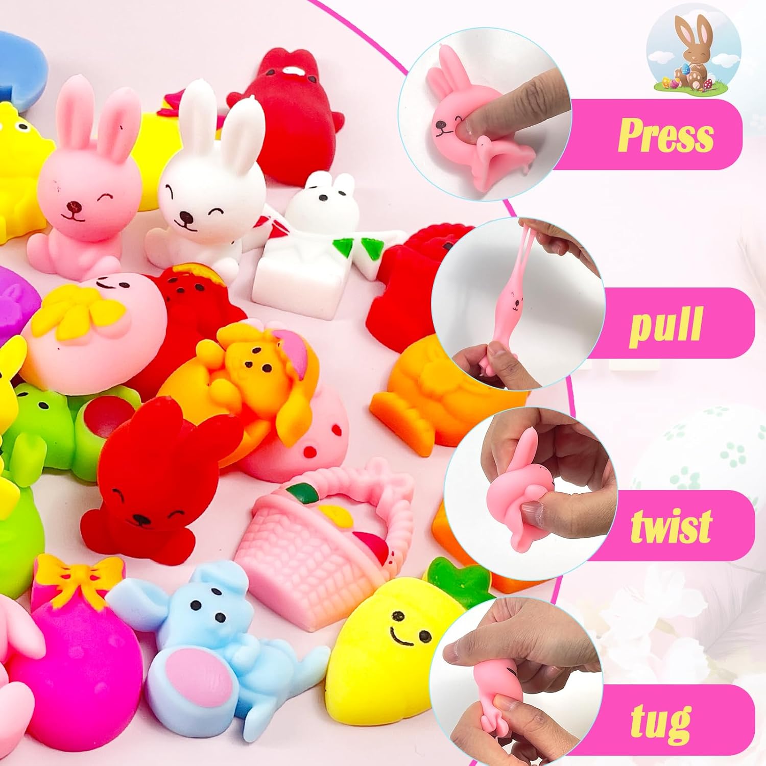 Wittocs 48PCS Easter Mochi Squishy Toys for Kids Mini Cute Squeeze Fidget Toy Stress Reliever Anxiety Easter Basket Stuffers Egg Fillers Gift Classroom Prize, Small