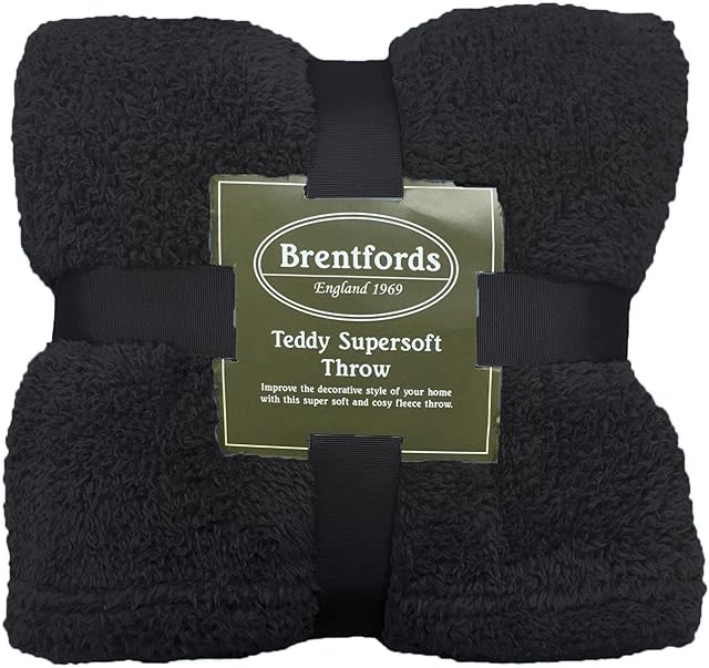 Brentfords Teddy Fleece Blanket Large Throw Over Bed Plush Super Soft Warm for Sofa Bed Bedspread, Black - 150 x 200 cm