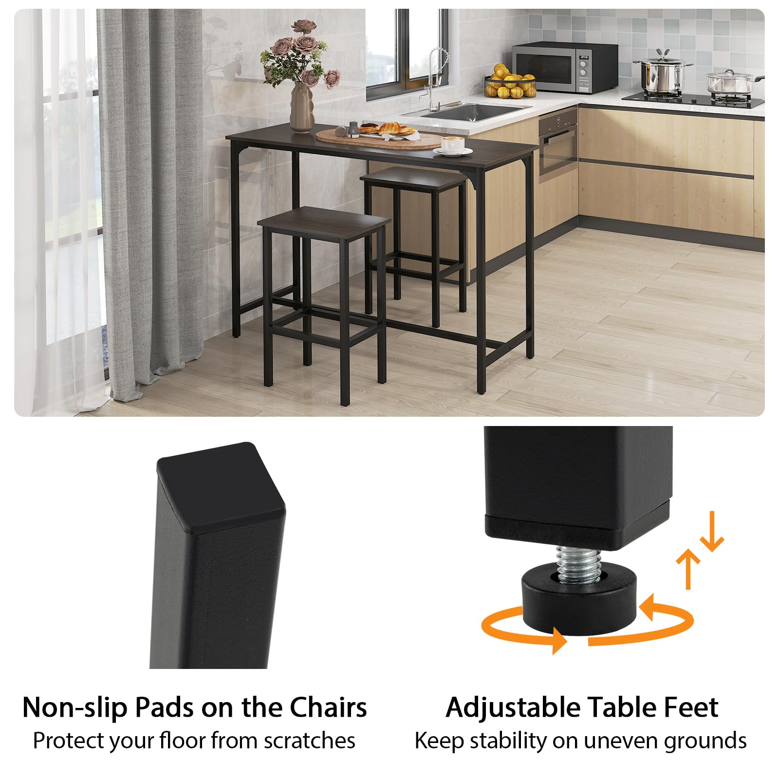 GIANTEX Juego de Muebles de Bar 3 Piezas, Mesa de Bar Rectangular y 2 Taburetes con Reposapiés, Diseño Compacto, para 2 Personas, Muebles para Comedor, Cocina (Gris)