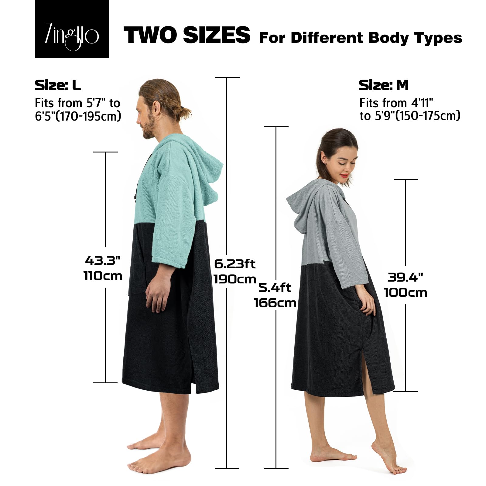 Zingtto Surf Poncho Changing Robe, 3/4 Sleeve Extra Large Thick Hoodie Towel Poncho for Men Women Beach Swimming, 39x31, Black Gray - Image 2