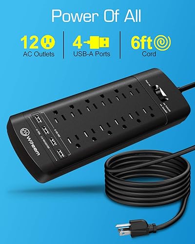Miniatura 2 de Witeem Regleta de protección contra sobretensiones, 12 tomas, 4 puertos USB, cable de extensión de 6 pies, 1875 W15 A, 4360 julios, montaje en