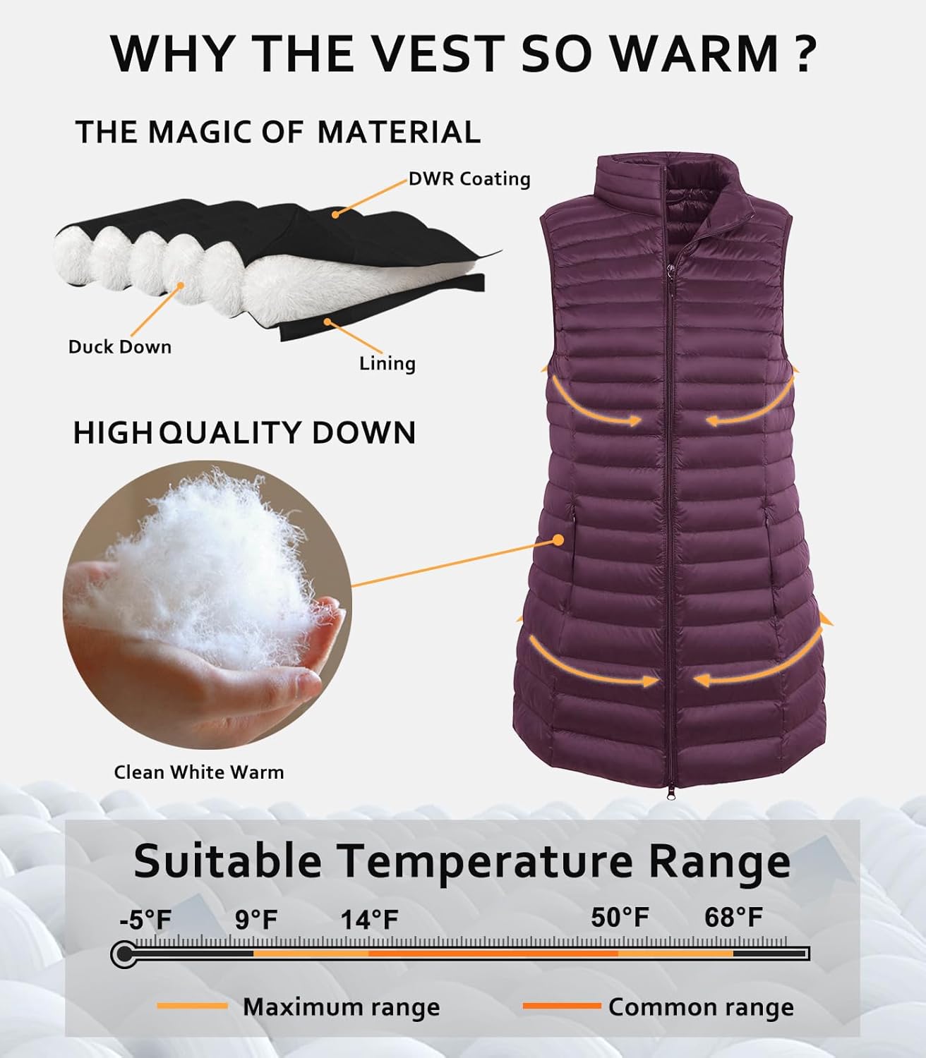 ELFJOY Women's Mid Long Down Vest Lightweight Puffer Vest Coat Jacket Stylish Windbreaker - Image 3