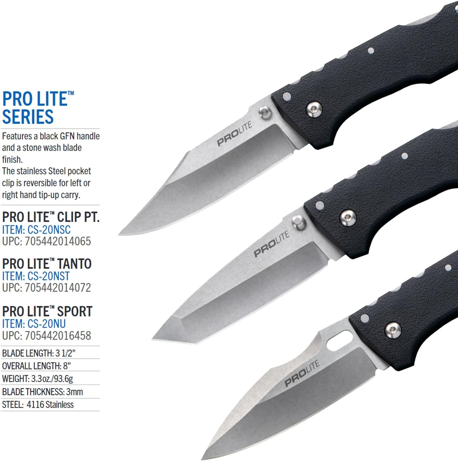 Cold Steel Pro Lite 3.5" 4116SS Clip Point Razor-Sharp Blade 4.5" GFN Handle Everyday Carry Pocket Folding Knife w/Tri-Ad Lock