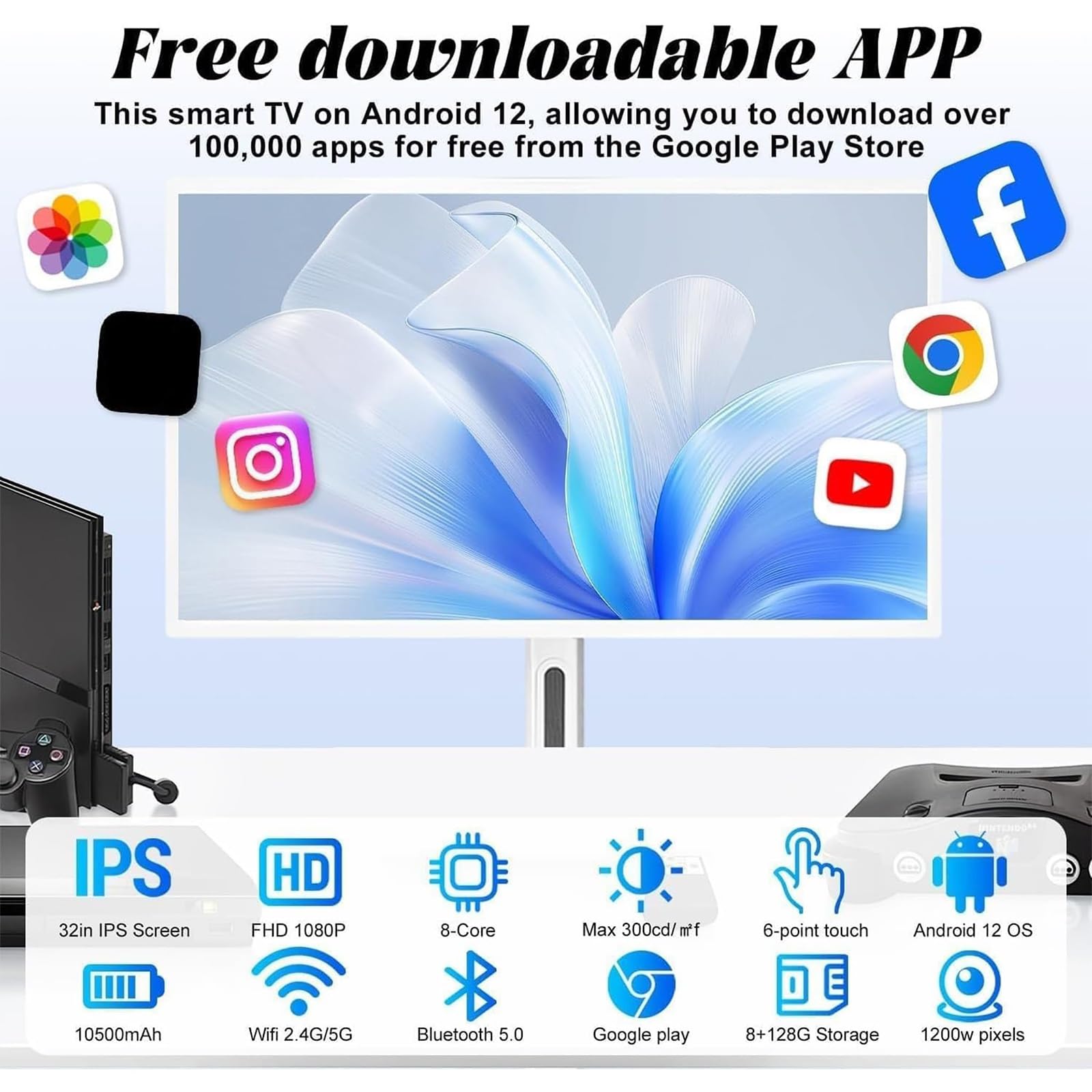 TV Inteligente PortáTil con Pantalla TáCtil 32", Control por Voz, Almacenamiento 8 GB + 128 GB, Soporte con Ruedas, TransmisióN InaláMbrica Y CáMara Integrada, para Hogar, Oficina