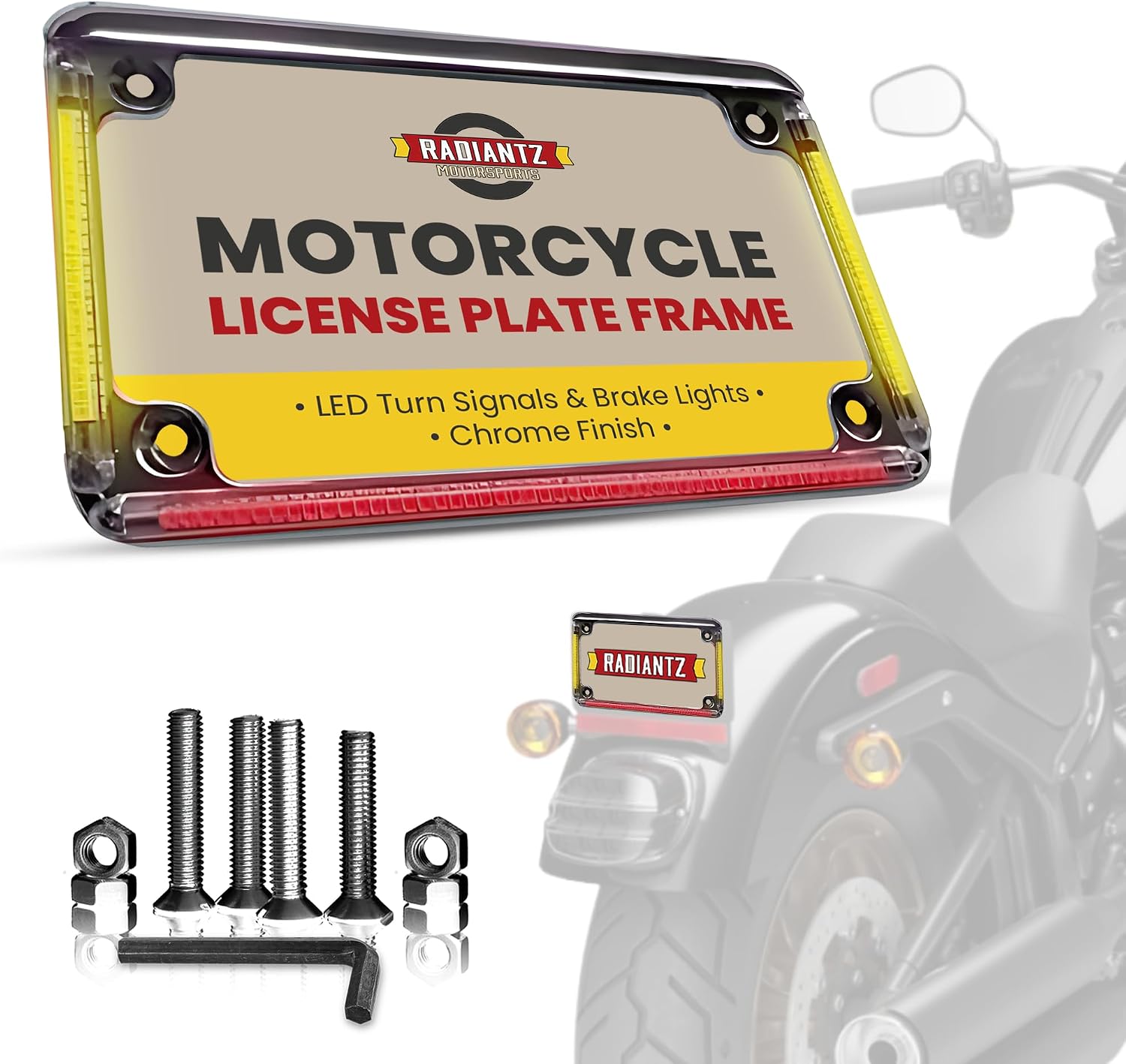 Radiantz Motorcycle License Plate Frame - Black LED Turn Signals and Brake Lights - All-in-One with Integrated Plate Light, Black License Plate Frame for Motorcycles - (Chrome Red and Amber) 6 Inches
