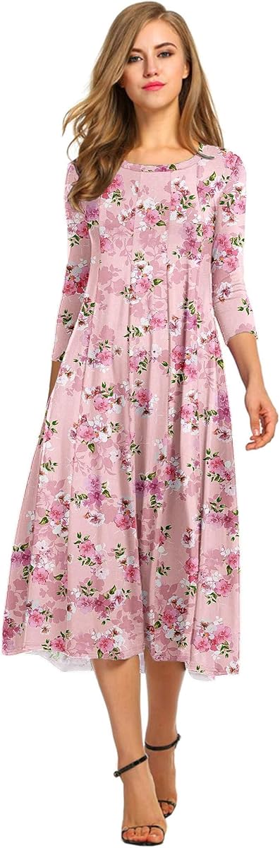 HOTOUCH Women's 3/4 Sleeve A-line and Flare Midi Long Dress