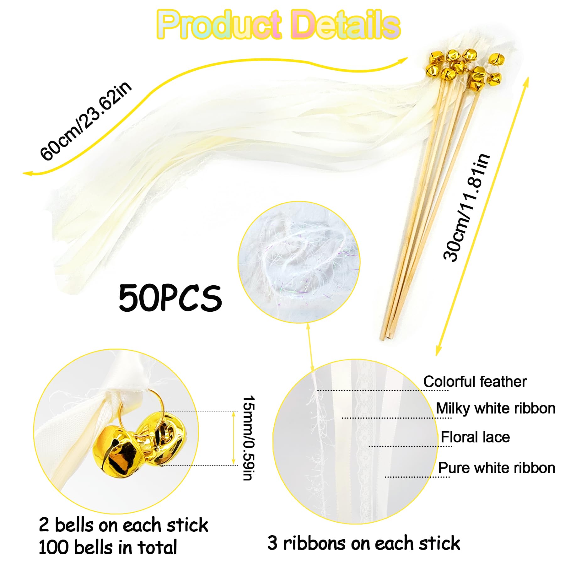 Wedding Wands, Pack of 50 Sticks with 100 Large Bells and 150 Wedding Ribbons, Silk Fairy Sticks - Image 2