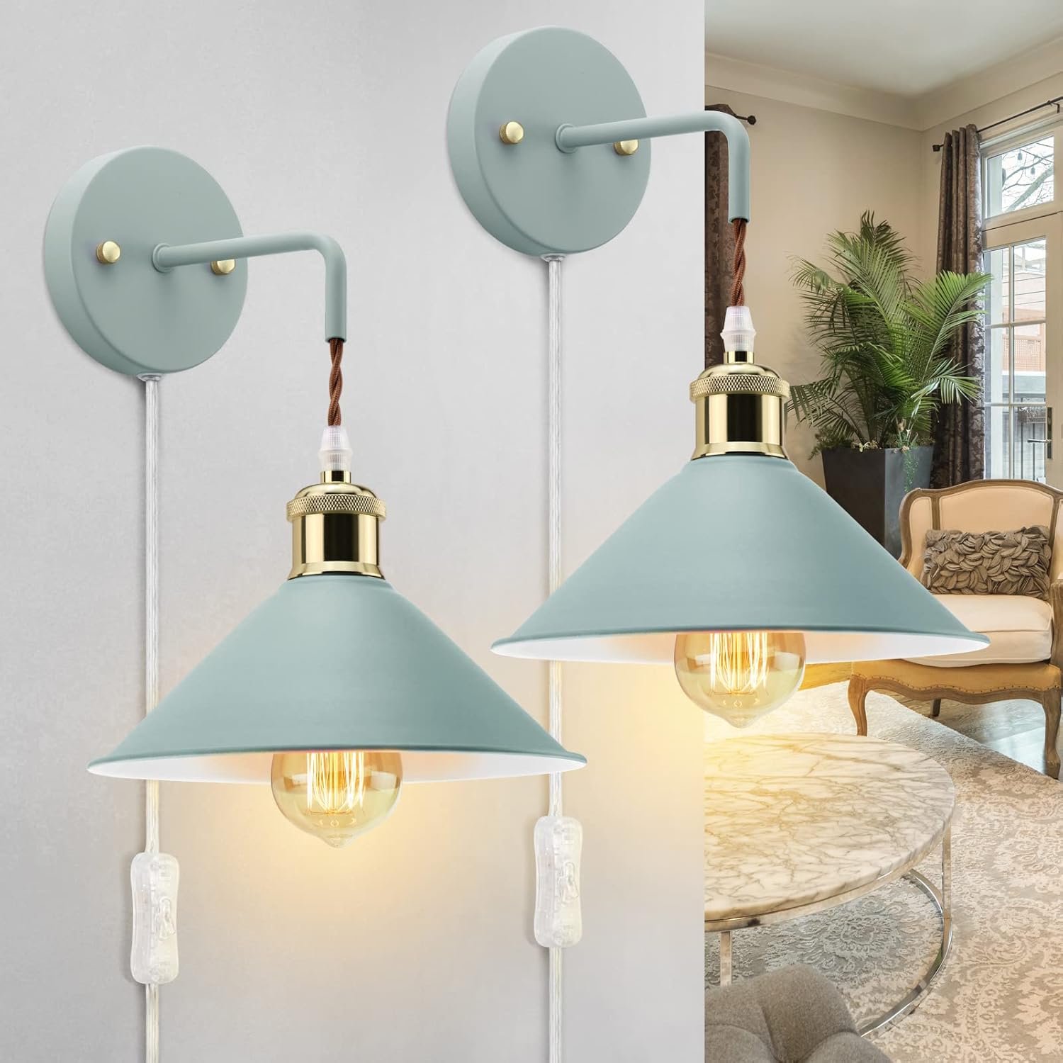 KEWANNO Plug in Wall Sconces, 2PACK Vinatge Wall Lamp with Plug in Cord
