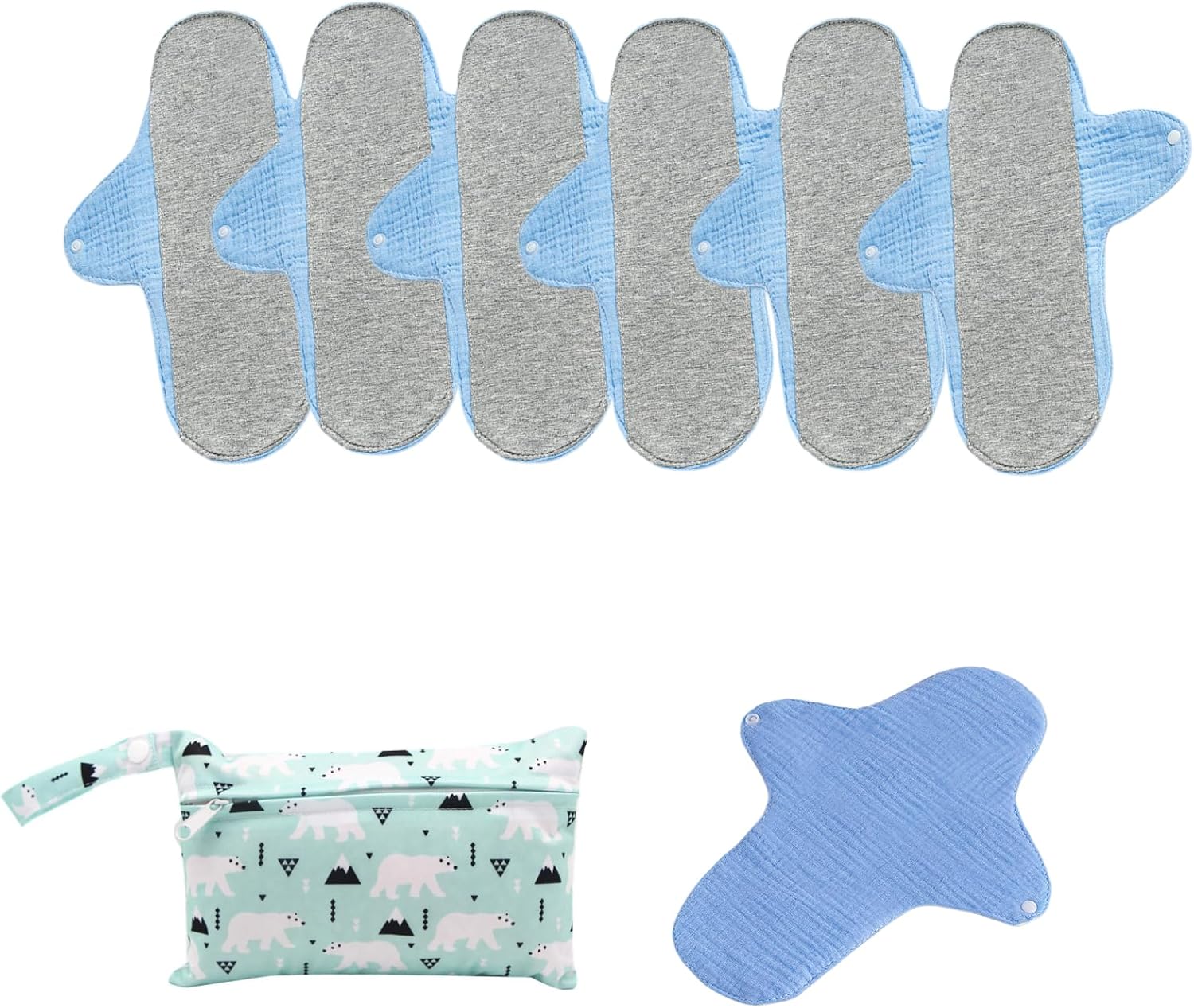 6 pcs Set Resuable Washable Incontinence Pads,Waterproof Menstrual Pads Sets,Washable Cloth Menstrual Period Pads,Panty Liners,with 1pc Bag