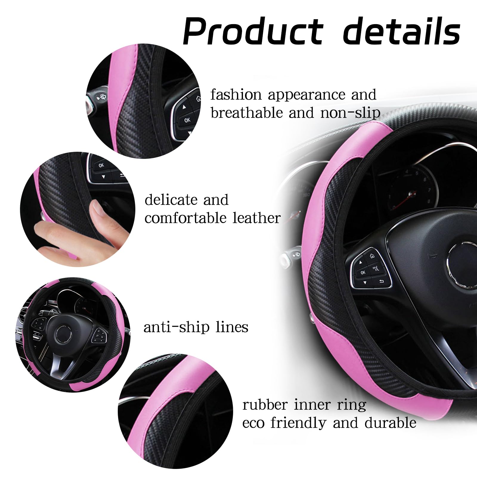 Elegant Pink Steering Wheel Cover for Cars, Universal 14.5-15 Inch Stretchable Design, Soft Leather Car Steering Wheel Cover, Anti-Slip, Breathable Steering Wheel Protector Cover — view 2