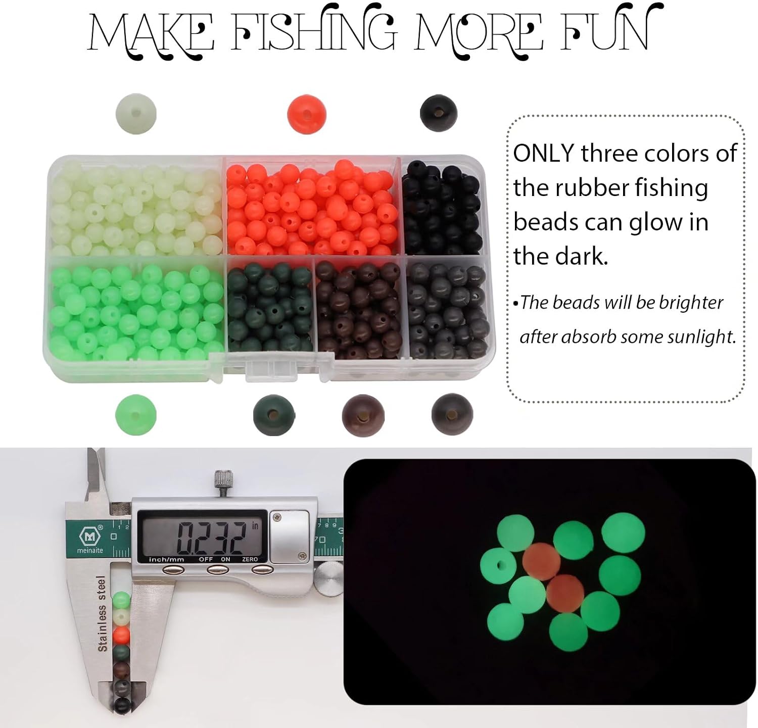 Soft Rubber Fishing Beads Fishing Bait Eggs Accessories 7 Colors with Tackle-Box 0.23in(600pcs), 0.31in(250pcs), 0.39in(120pcs)