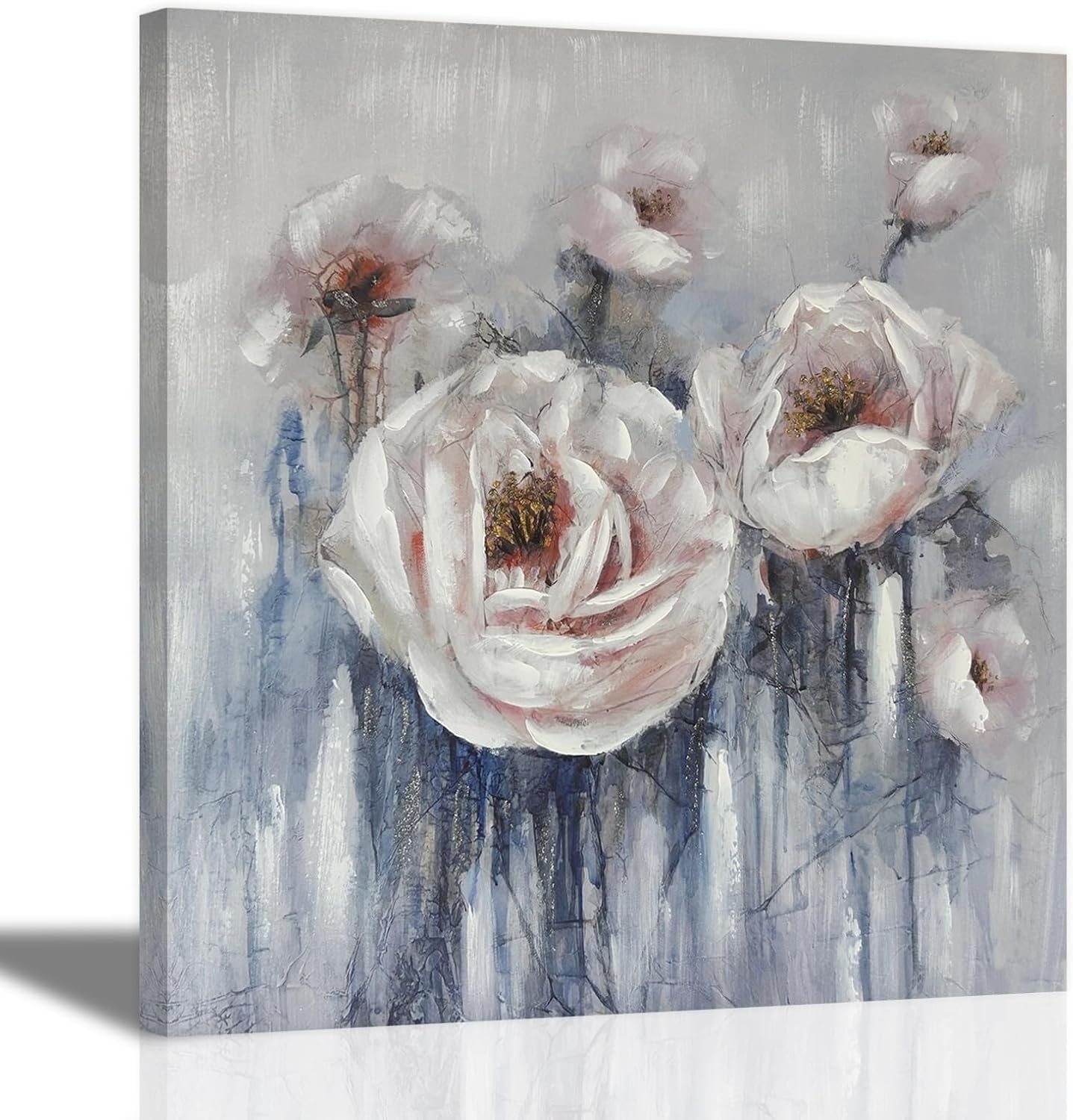 EAHunt Modern Floral Canvas Wall Art, White Peonies Painting with Diamond, Rosa Poster Flower Artwork for Living Room Bedroom Offices Texture Pictures Home Decor 24" 24" Ready to Hang