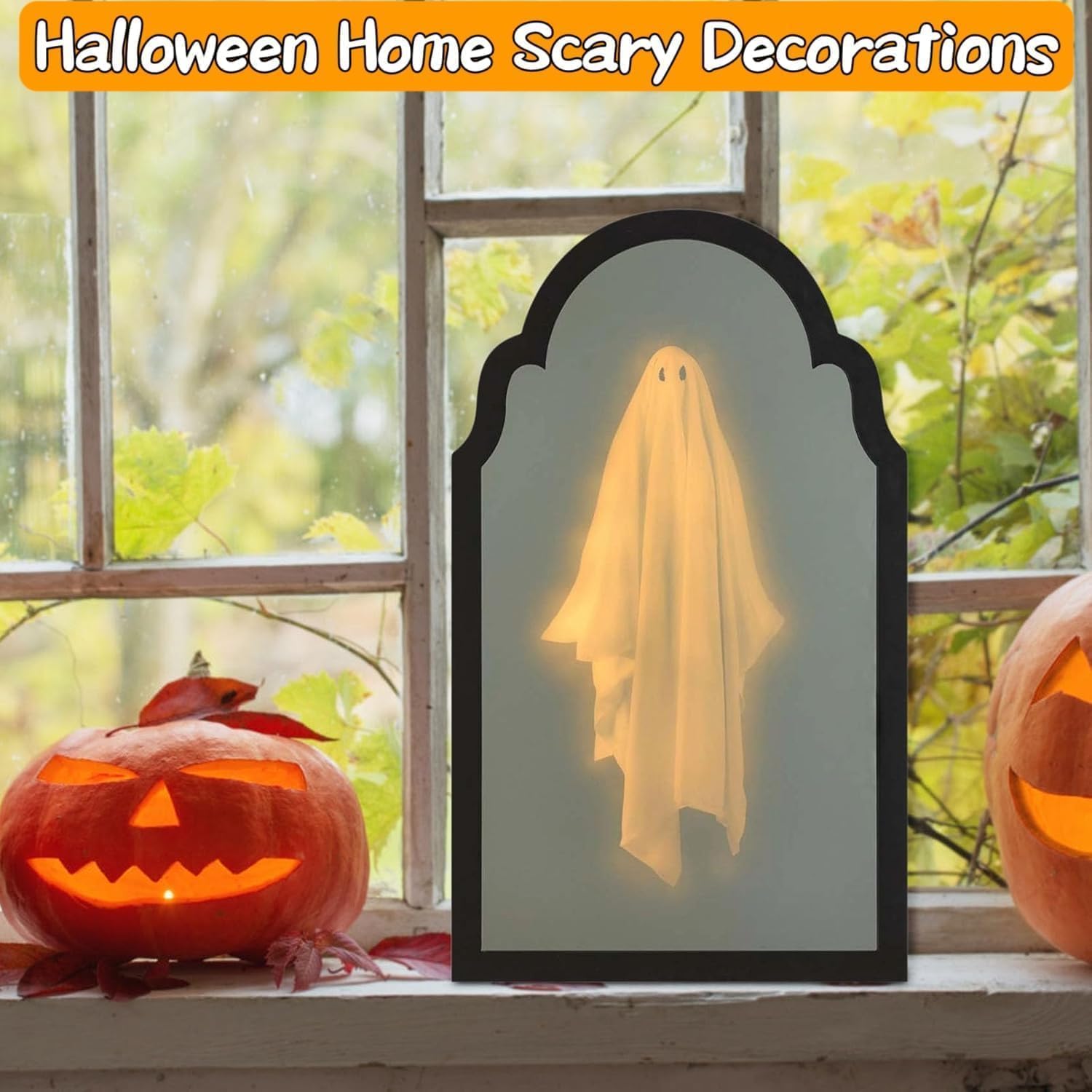 2025 Halloween Hologram Ghost Mirror with LED Light, Spooky Scary Ghosts for Halloween Decor Indoor, Halloween Room Decor, Window, Desk, Kitchen, Fireplace and Party Display (Wavy Border(19.7*9.5in))