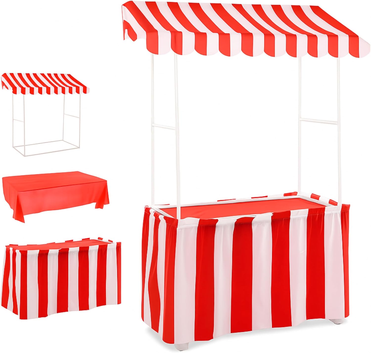 Carnival Tablet Tent Kit Circus Party Decoration Include Tabletop Hut, Tent Canopy, Stripe Table Skirts, Tablecloth for Carnival Party Supplies Decorations(Red and White)