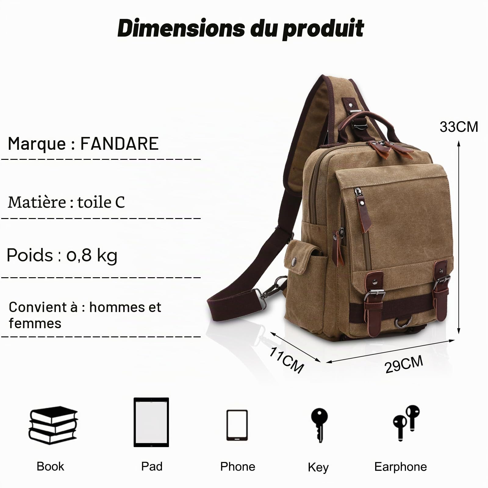 FANDARE Retro Sac de Poitrine Homme Petit Sac À Dos Femme Sling Bag Toile Sac d'Epaule Sacoche Sac Bandoulière pour Affaires Université École Cyclisme Camping Voyage Cartable Noir A