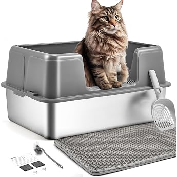 Papettly cat toilet stainless steel XXL litter box cat toilet 36L large half-closed cat toilet stainless steel cat toilet high removable edge cat toilet with cat litter light cleaning 60x40x31CM