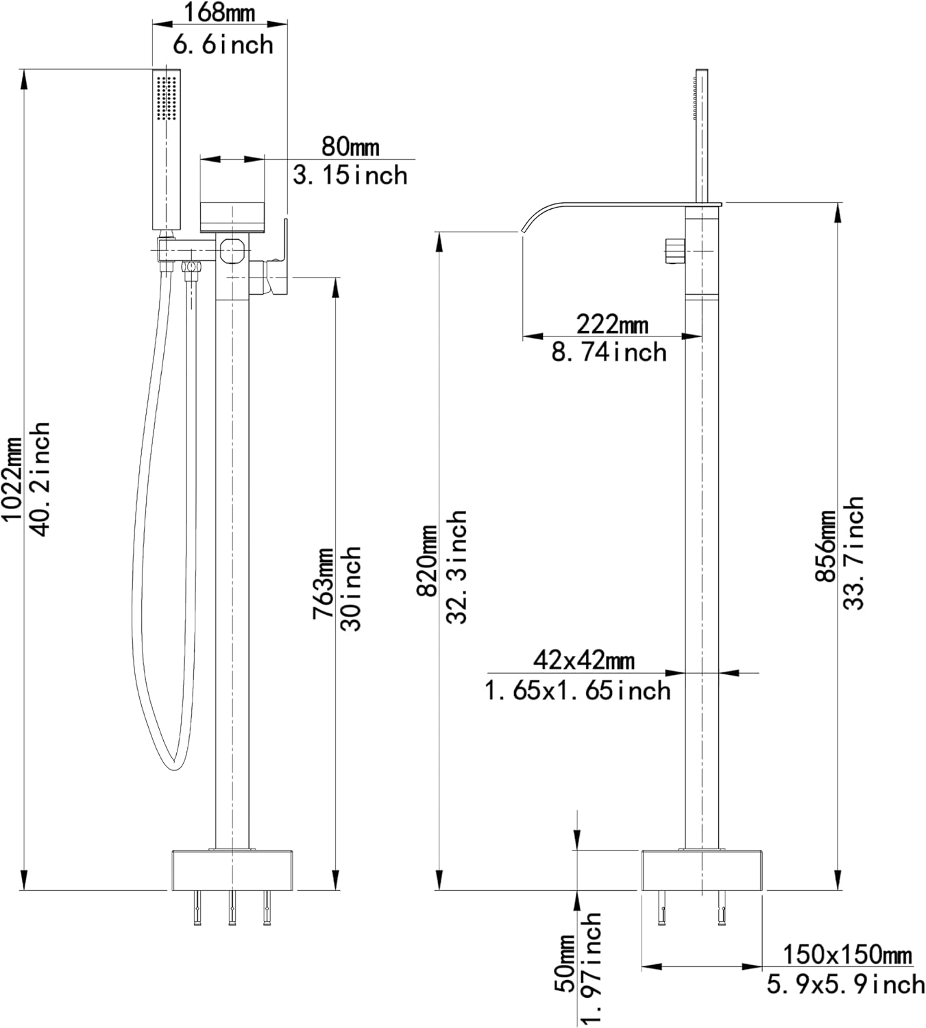 BWE Brushed Gold Freestanding Bathtub Faucet with Handheld Shower Head Single Handle Floor Mounted Tub Filler Waterfall Tub Spout Solid Brass Construction Bathtub System Brushed Gold - Image 7