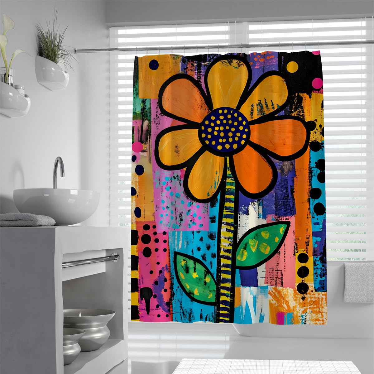 UIRINGART Yellow Orange Flower Shower Curtain W150xL180cm Colorful Abstract Art Waterproof Polyester Mildew Resistant Quick Dry Bathroom Screen with Hooks