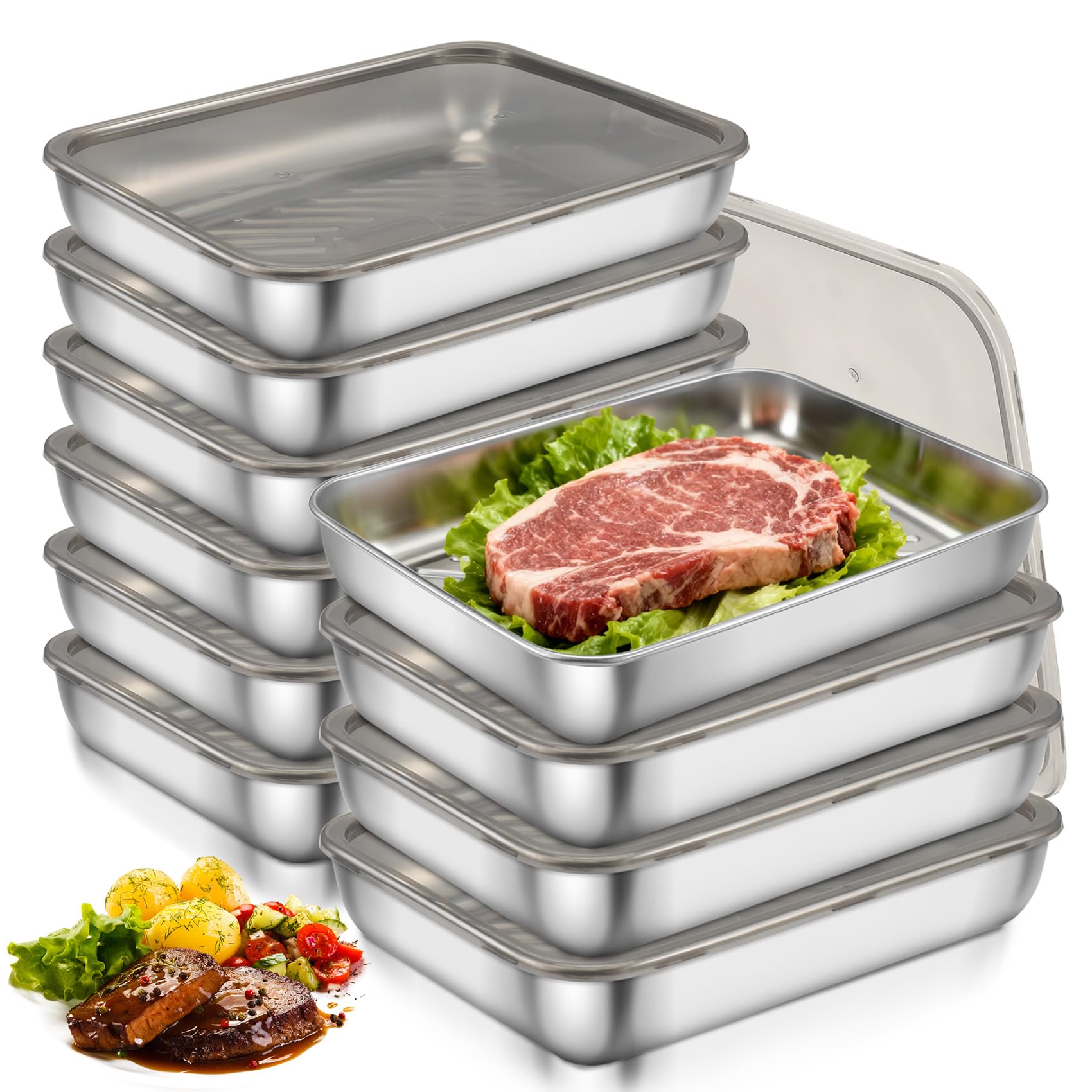 Nagoyuki Set mit 10 Aufschnittboxen für Kühlschrank,Edelstahl Lebensmittel Aufbewahrungsbox mit Sichtdeckel,Wurst Aufbewahrung Kühlschrank, Kühlschrank Organizer für Käse,Fleisch (25.5 * 20 * 5cm)