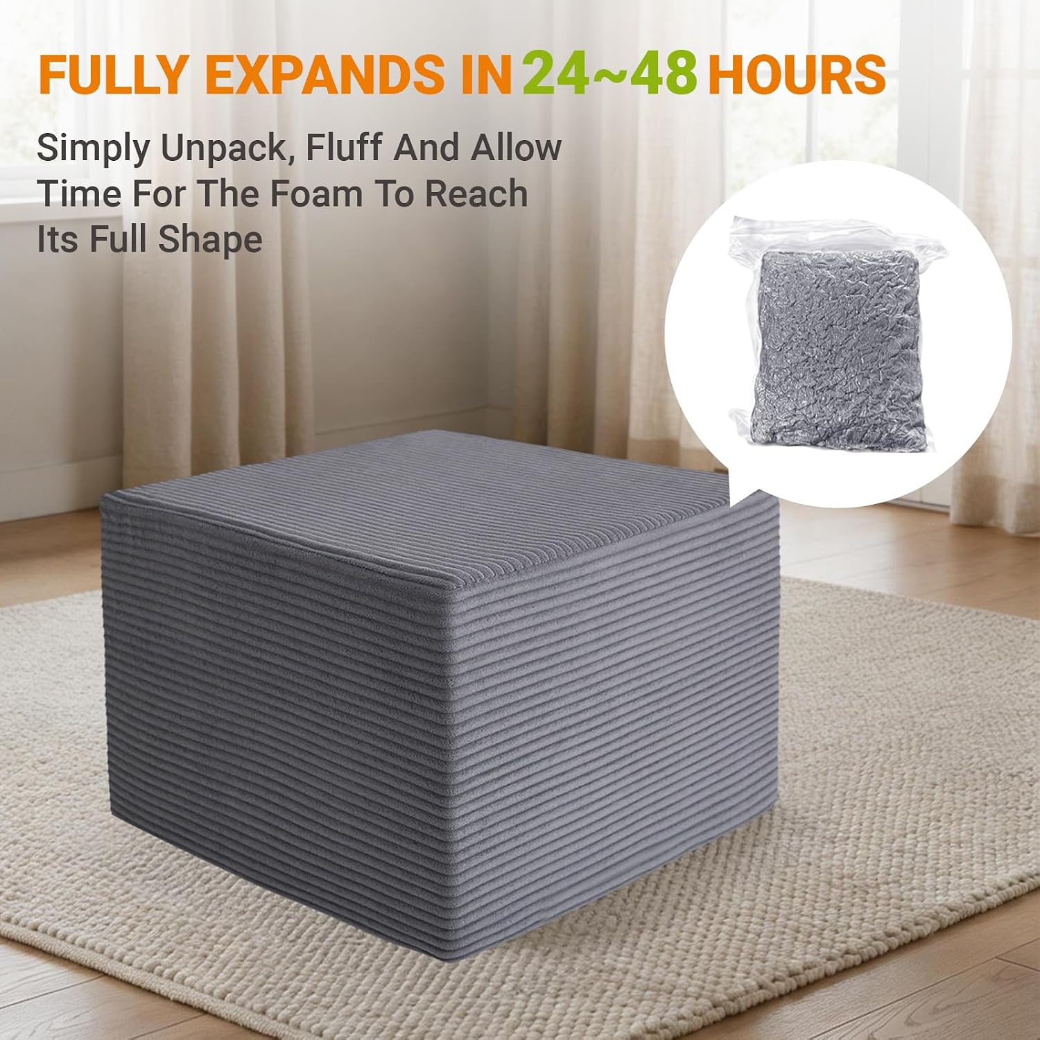 Stuffed Square Pouf Ottoman, 19.69 * 19.69 * 14.76 Inch Foot Rest with Odorless Solid Foam Core, Supportive Footstool with Removable Corduroy Cover for Living Room, Dark Grey