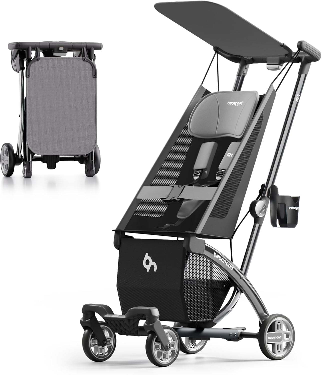 Beberoad R1 Auto-Fold Travel Stroller for Airplane, Ultra Compact Stroller Pushchair Buggy for Babies, Kids, Toddlers Over 6 Months, Lightweight Baby Pram Trolley Cabin Approved, Only 11.5 lbs, Grey