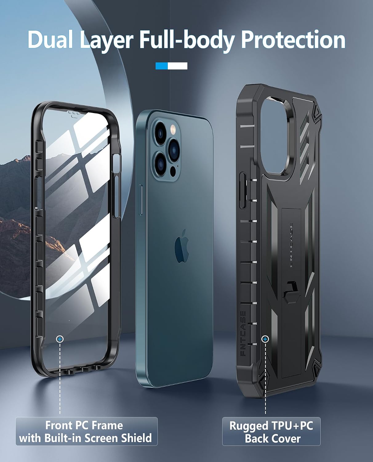 FNTCASE for iPhone 12 Pro Max Case, Built-in Screen Protector, Kickstand | 20FT Military-Grade Drop Protection, Anti-Slip Matte Textured, Rugged Heavy Duty Shockproof TPU Protective Cover